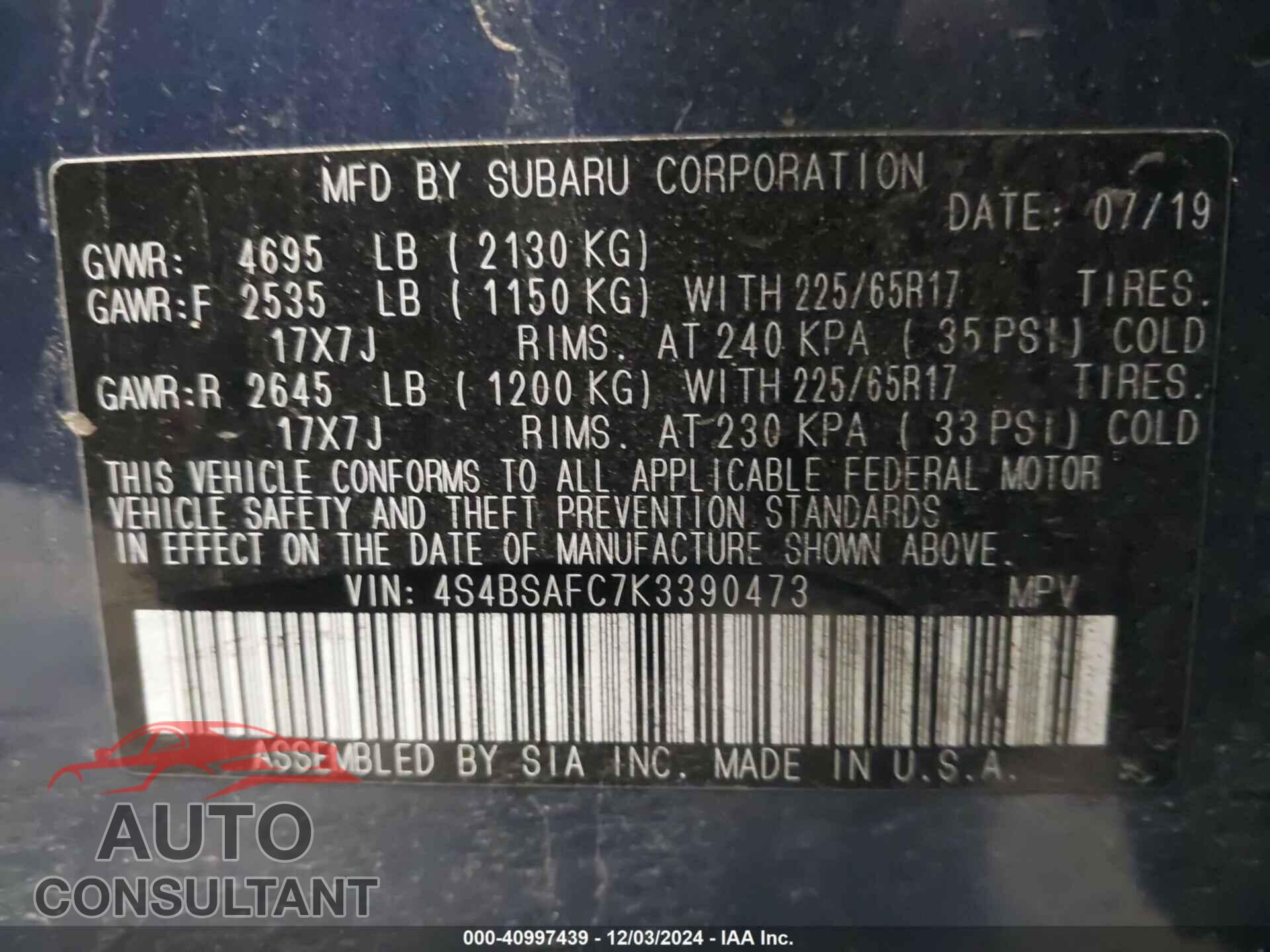 SUBARU OUTBACK 2019 - 4S4BSAFC7K3390473