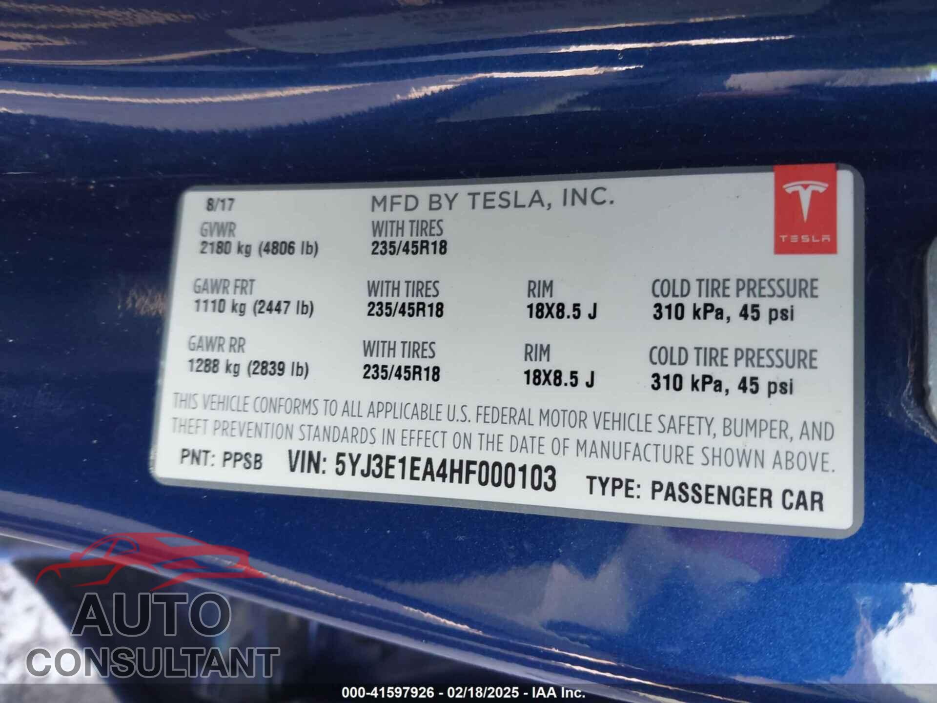 TESLA MODEL 3 2017 - 5YJ3E1EA4HF000103