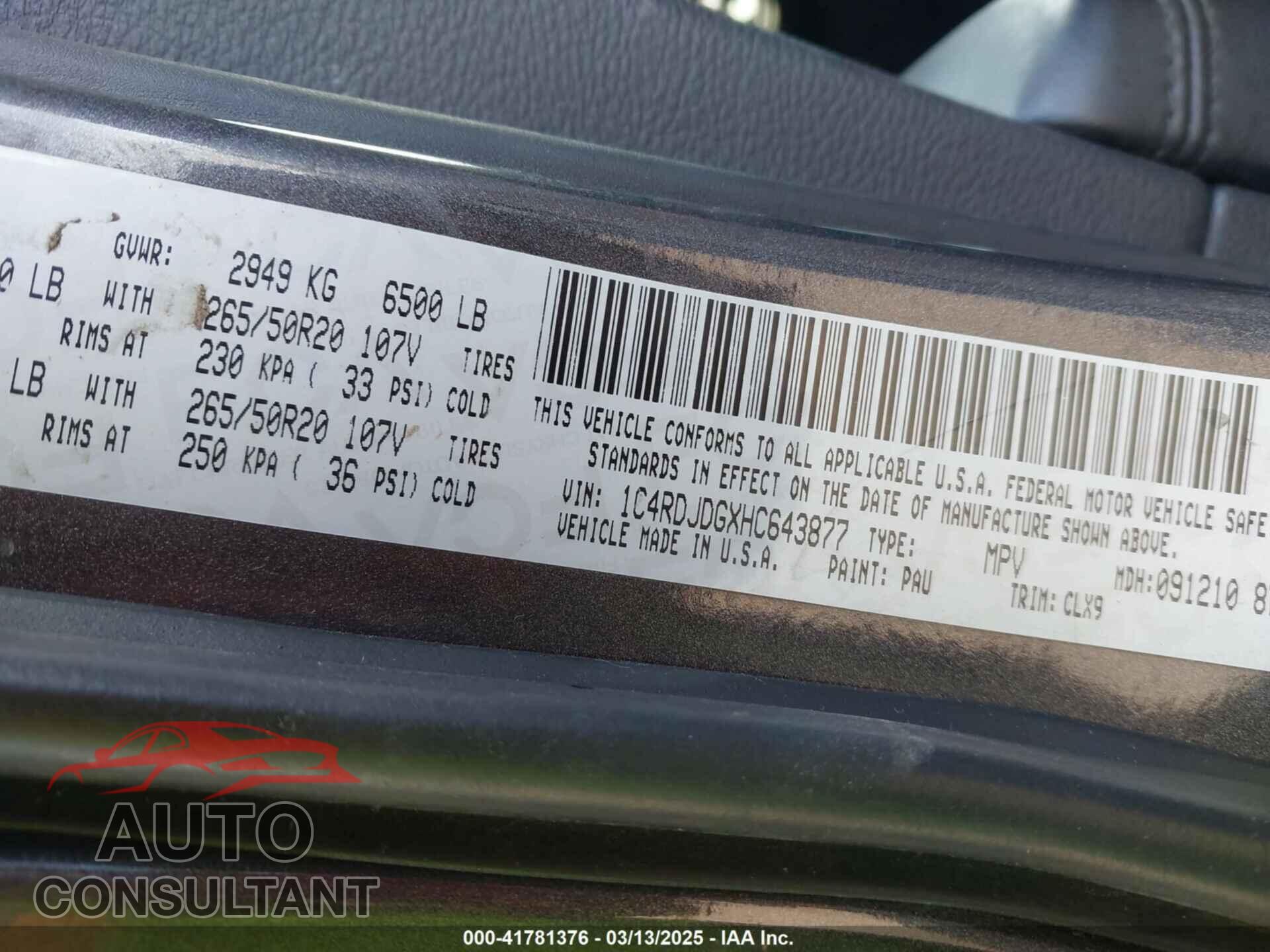 DODGE DURANGO 2017 - 1C4RDJDGXHC643877