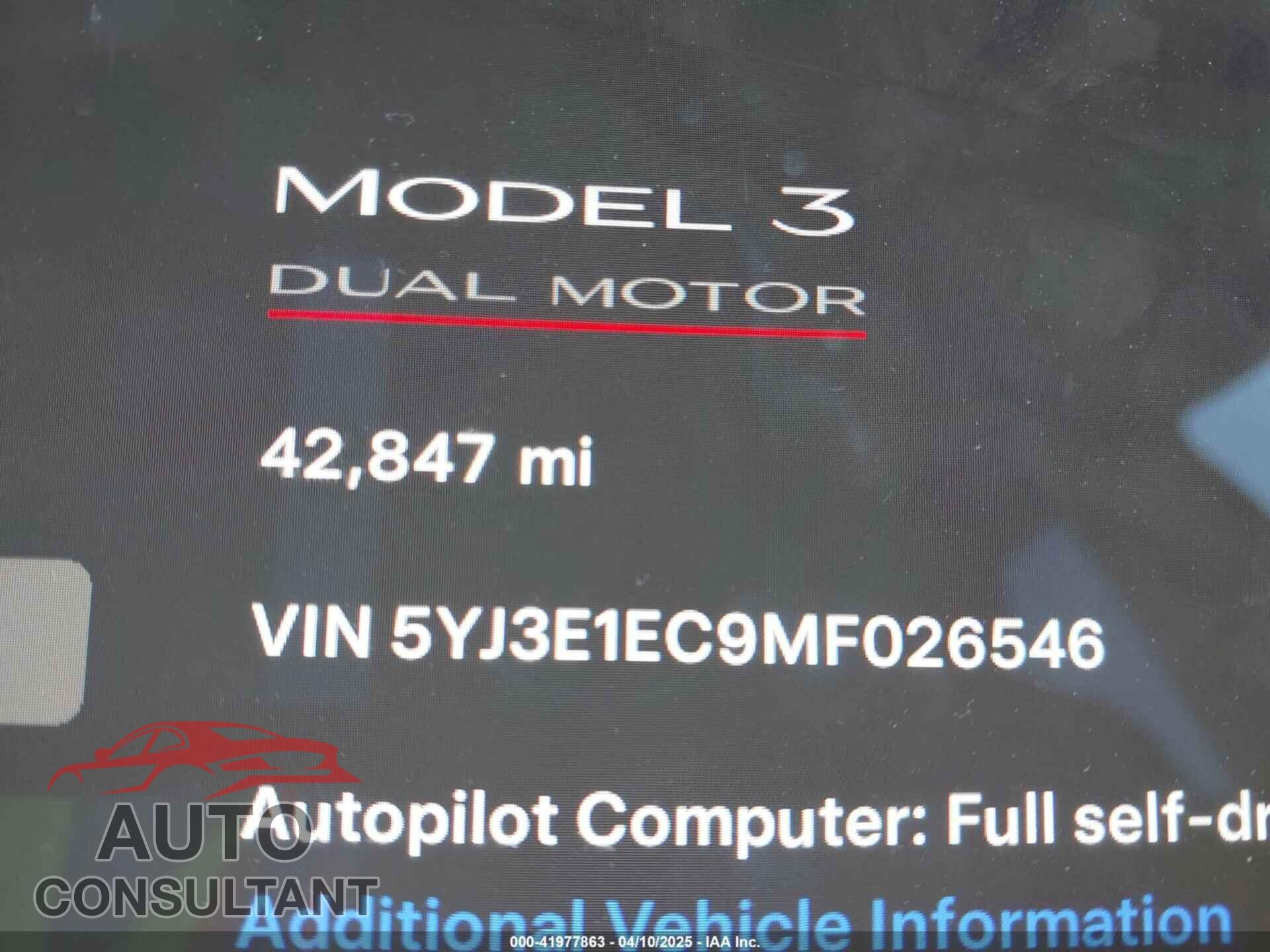TESLA MODEL 3 2021 - 5YJ3E1EC9MF026546