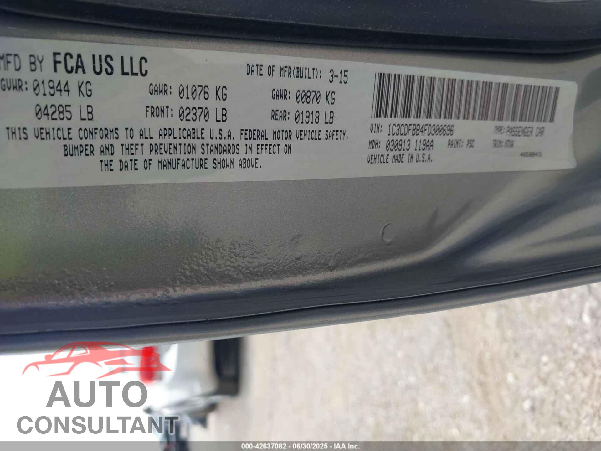 DODGE DART 2015 - 1C3CDFBB4FD300696