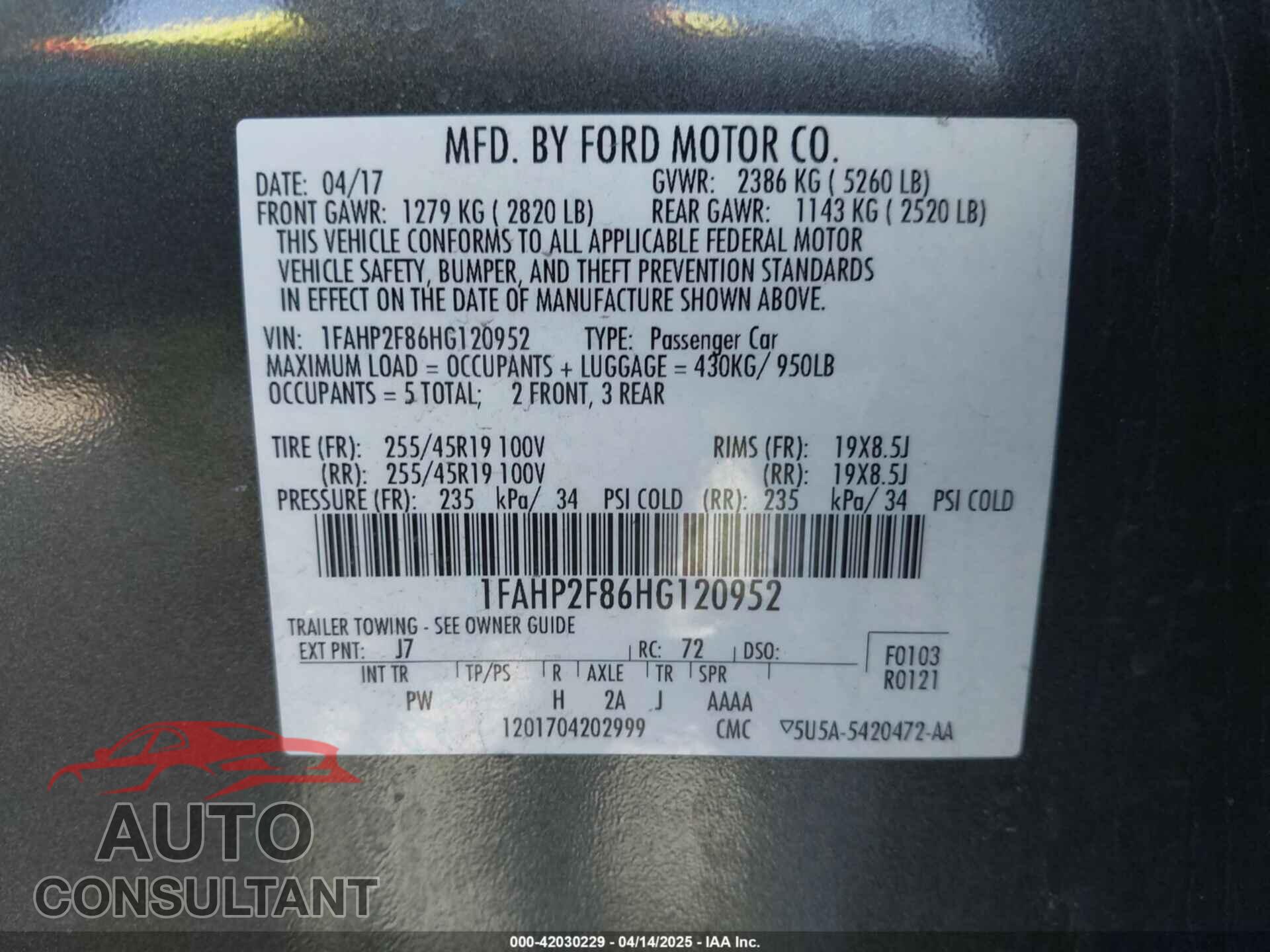 FORD TAURUS 2017 - 1FAHP2F86HG120952