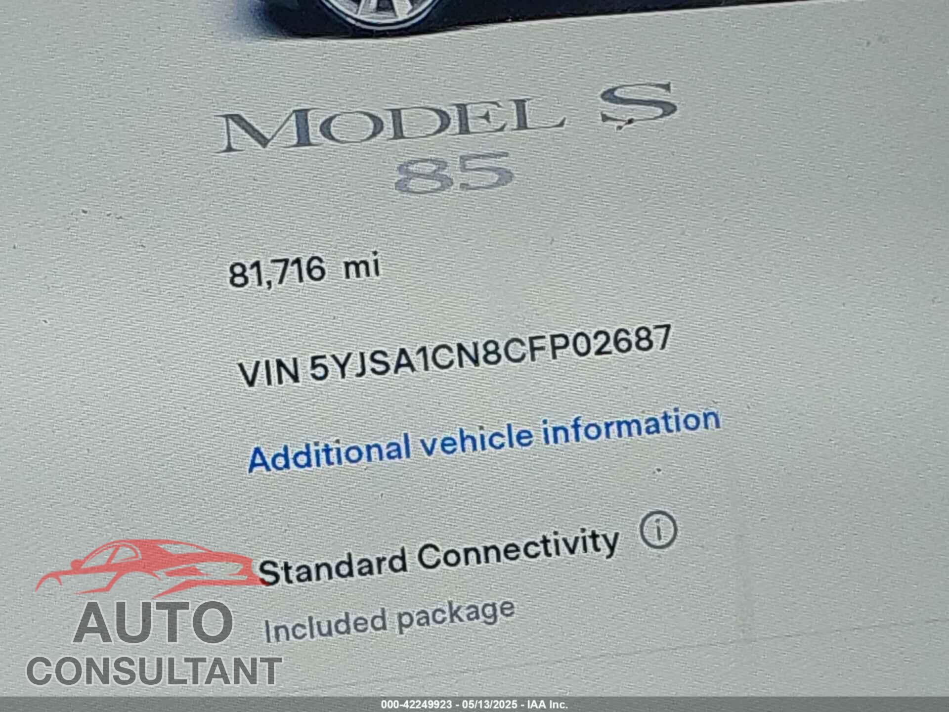 TESLA MODEL S 2012 - 5YJSA1CN8CFP02687