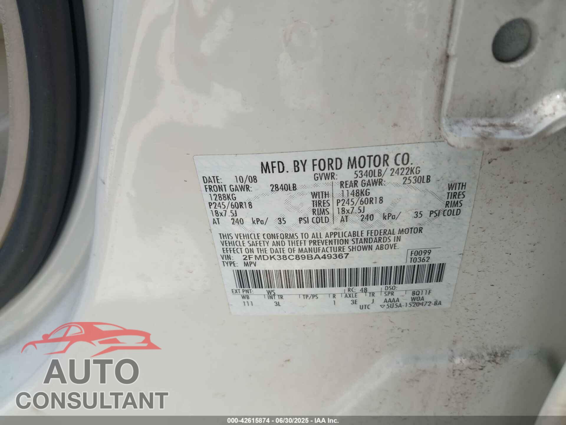FORD EDGE 2009 - 2FMDK38C89BA49367