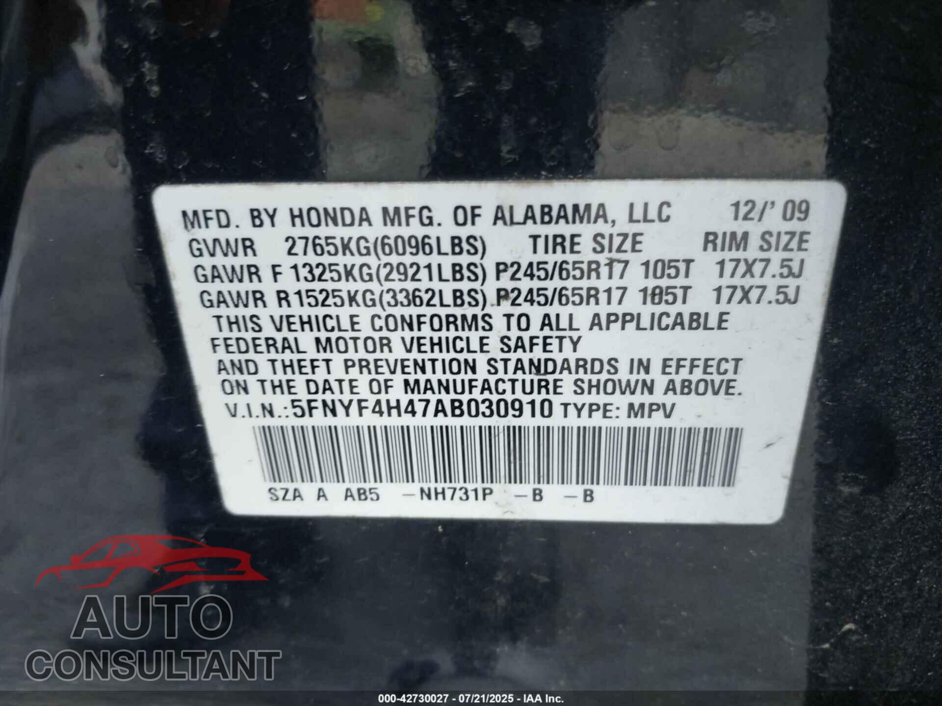 HONDA PILOT 2010 - 5FNYF4H47AB030910