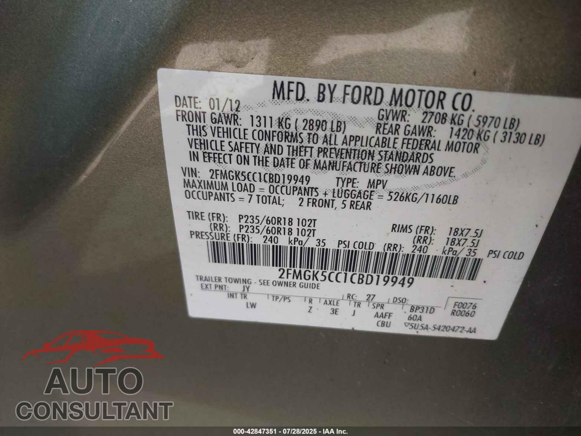 FORD FLEX 2012 - 2FMGK5CC1CBD19949
