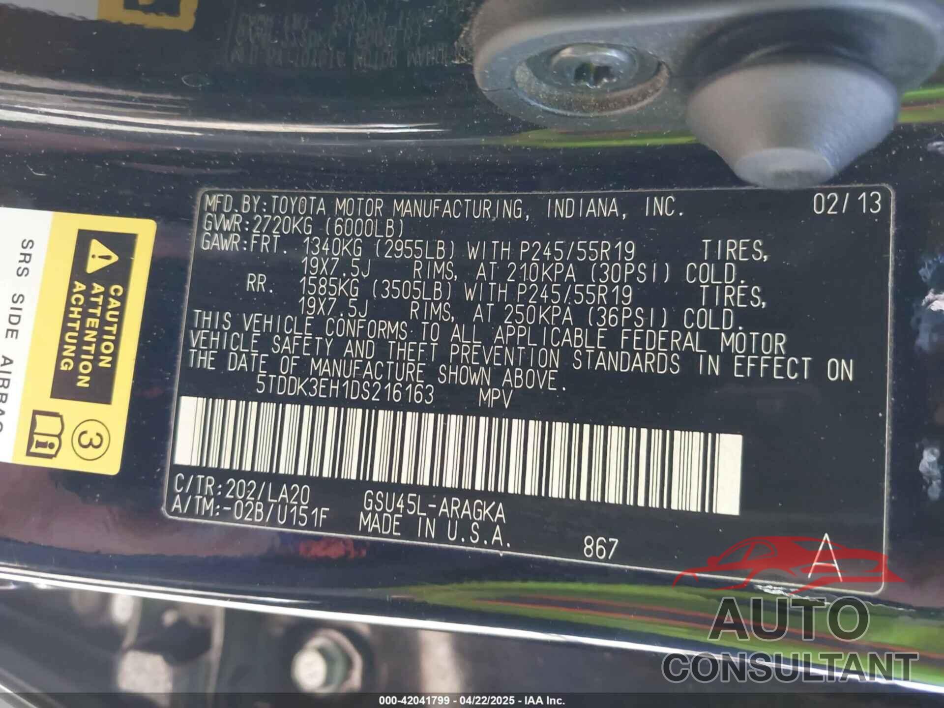 TOYOTA HIGHLANDER 2013 - 5TDDK3EH1DS216163
