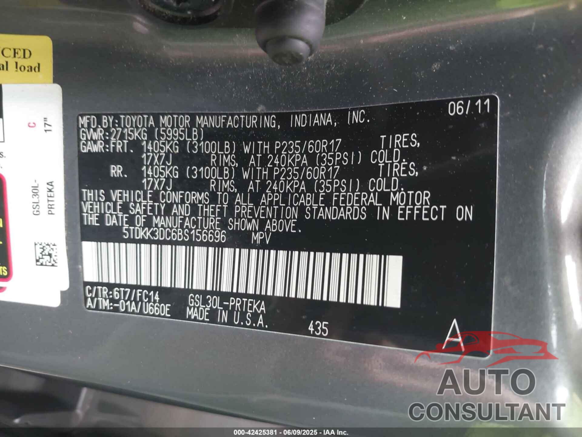 TOYOTA SIENNA 2011 - 5TDKK3DC6BS156696