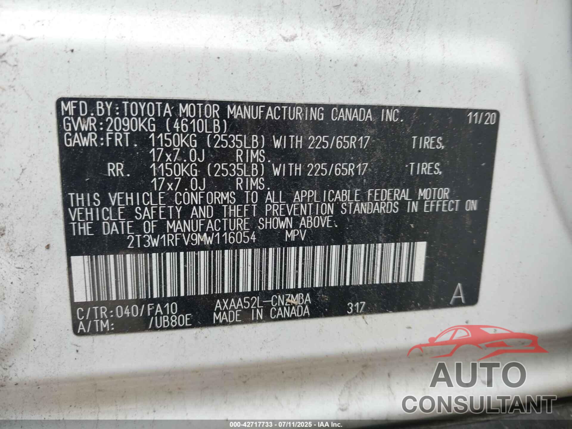 TOYOTA RAV4 2021 - 2T3W1RFV9MW116054