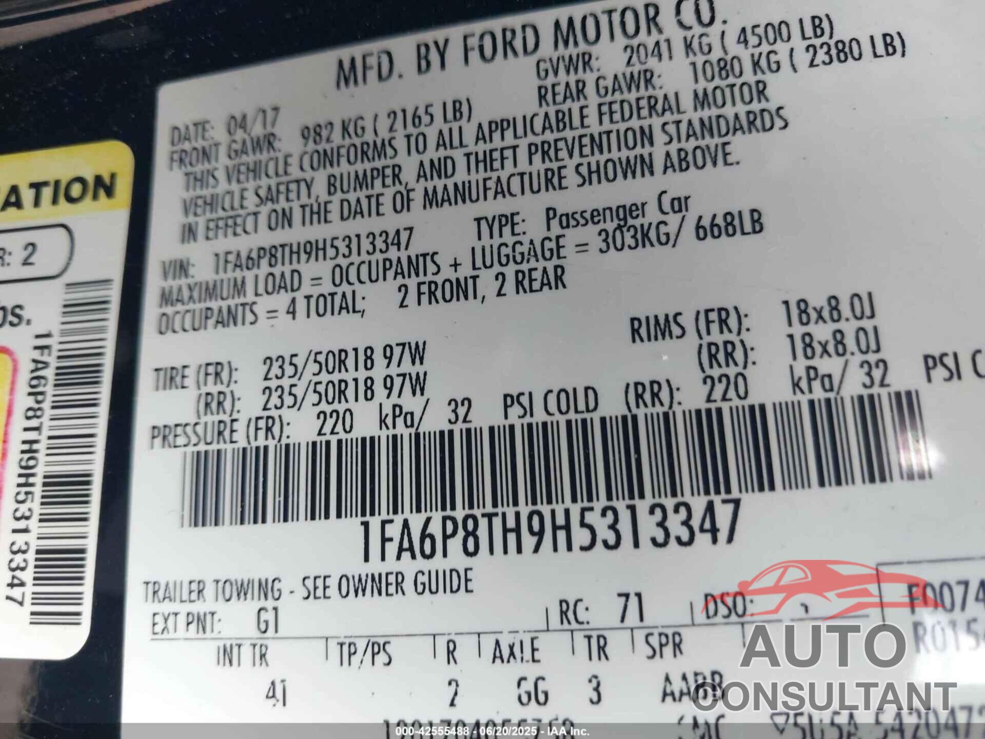 FORD MUSTANG 2017 - 1FA6P8TH9H5313347
