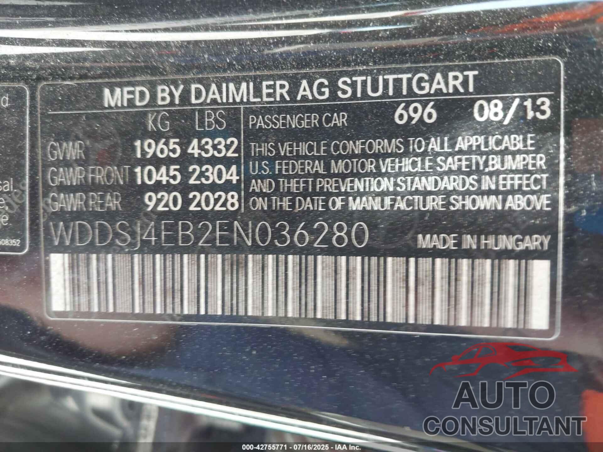 MERCEDES-BENZ CLA 250 2014 - WDDSJ4EB2EN036280