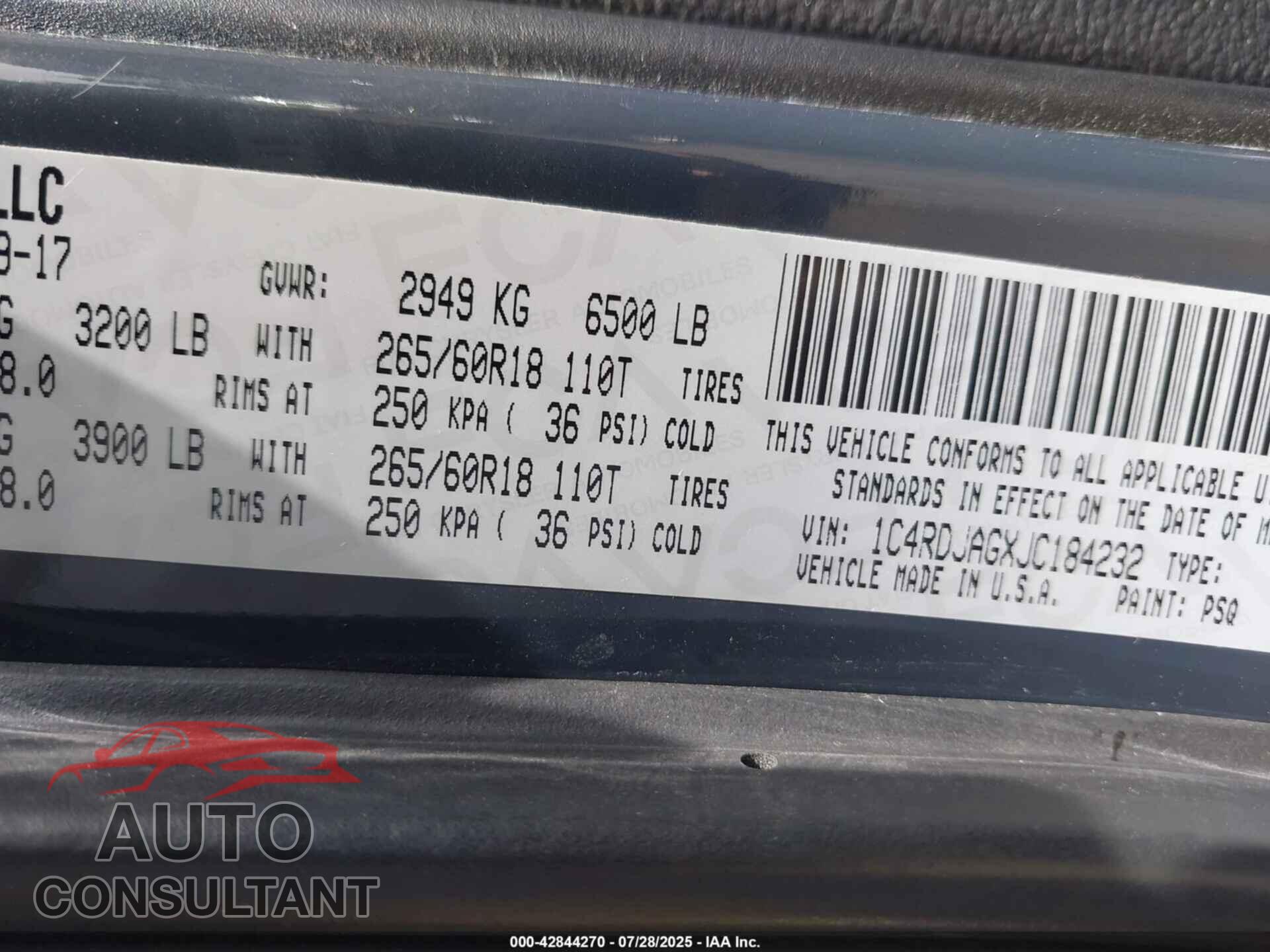 DODGE DURANGO 2018 - 1C4RDJAGXJC184232