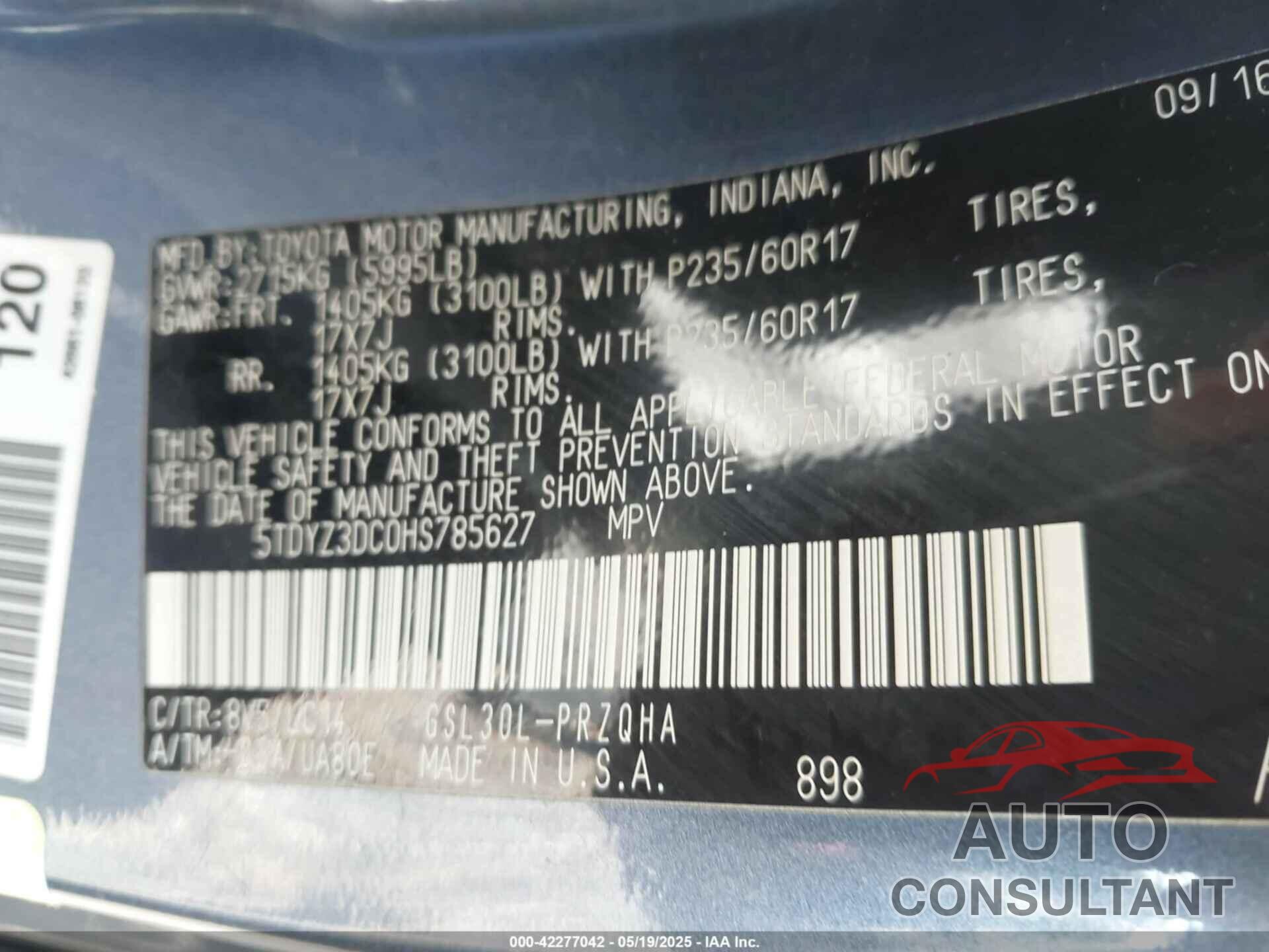 TOYOTA SIENNA 2017 - 5TDYZ3DC0HS785627