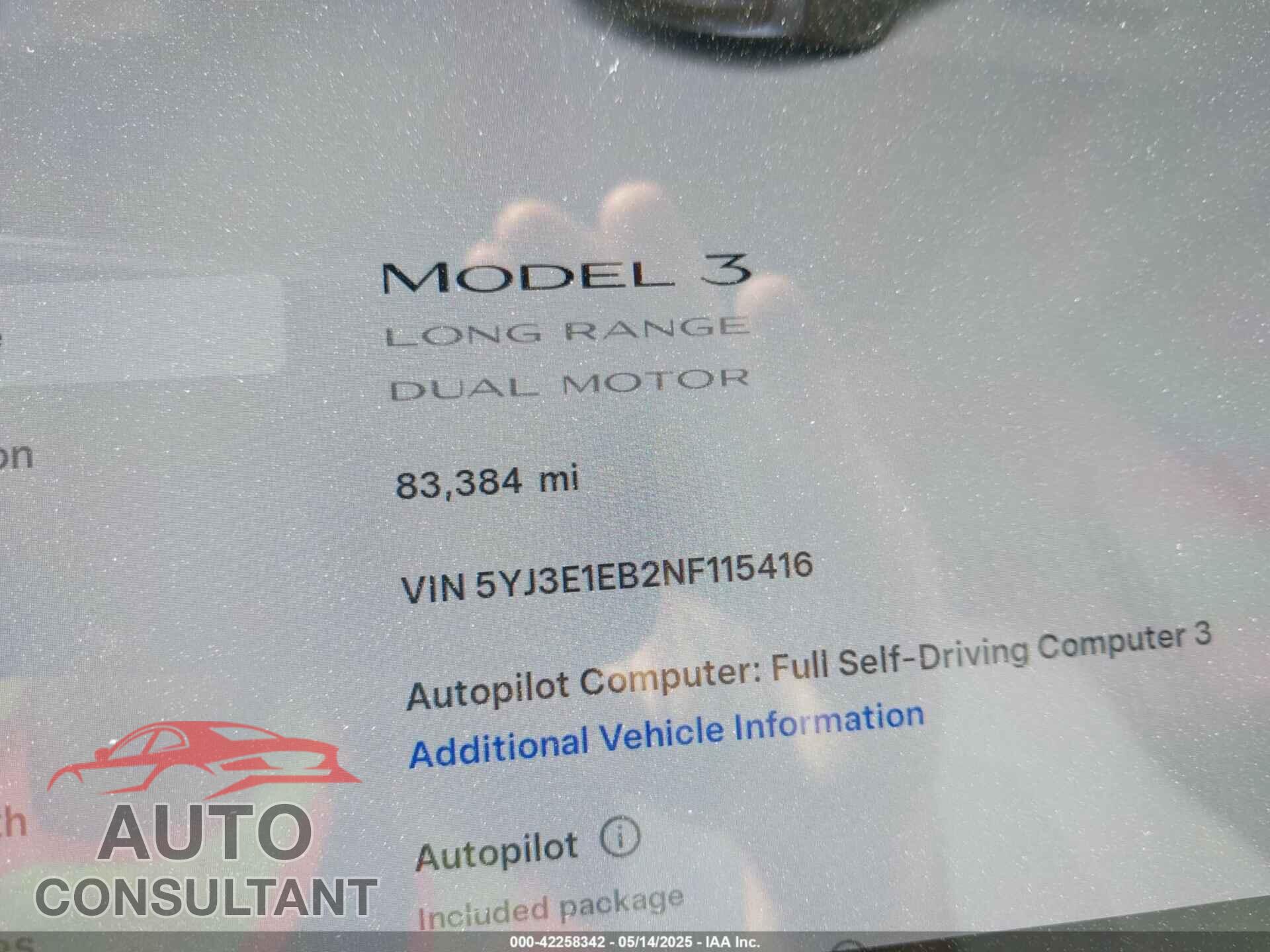 TESLA MODEL 3 2022 - 5YJ3E1EB2NF115416