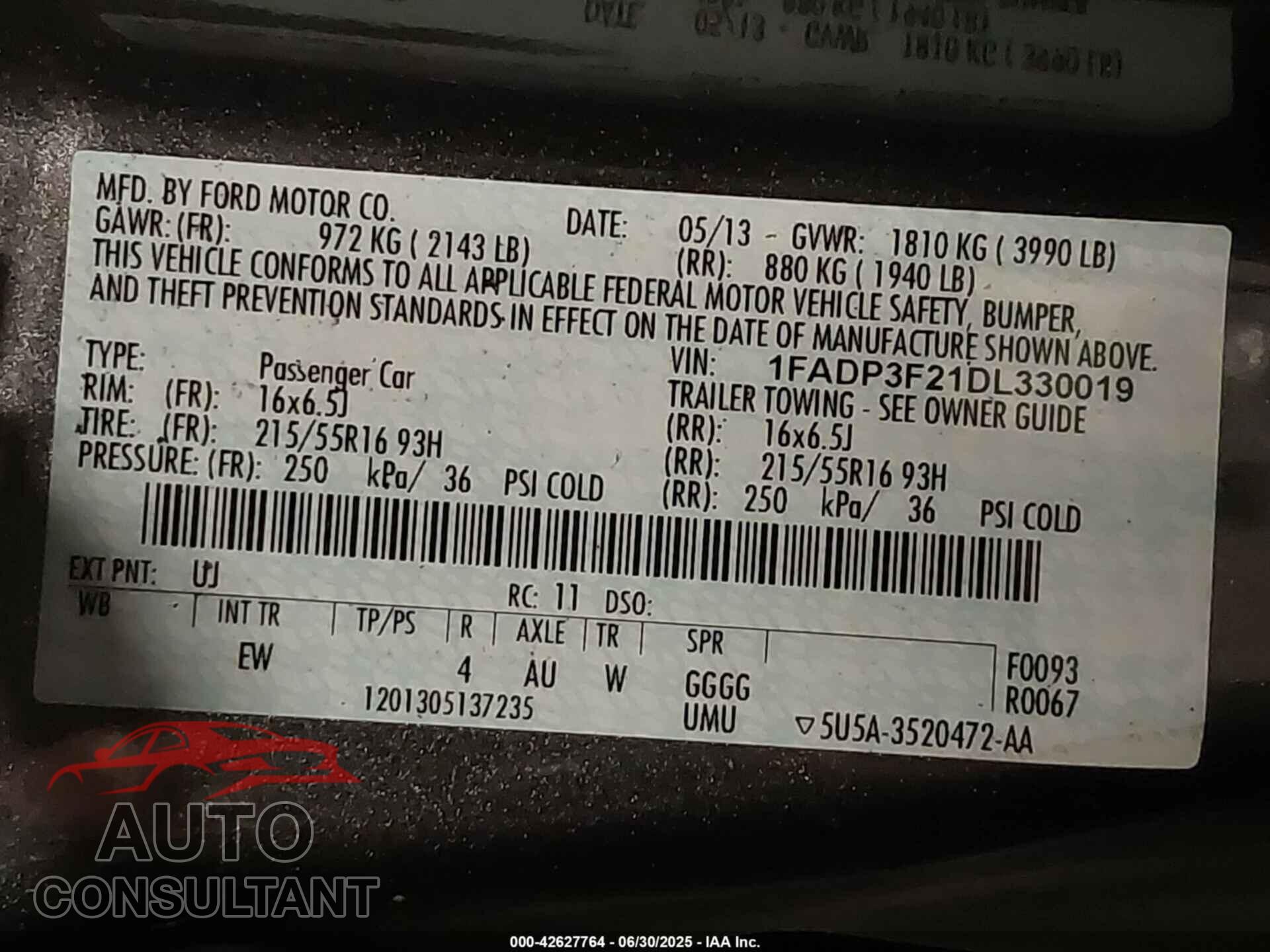FORD FOCUS 2013 - 1FADP3F21DL330019