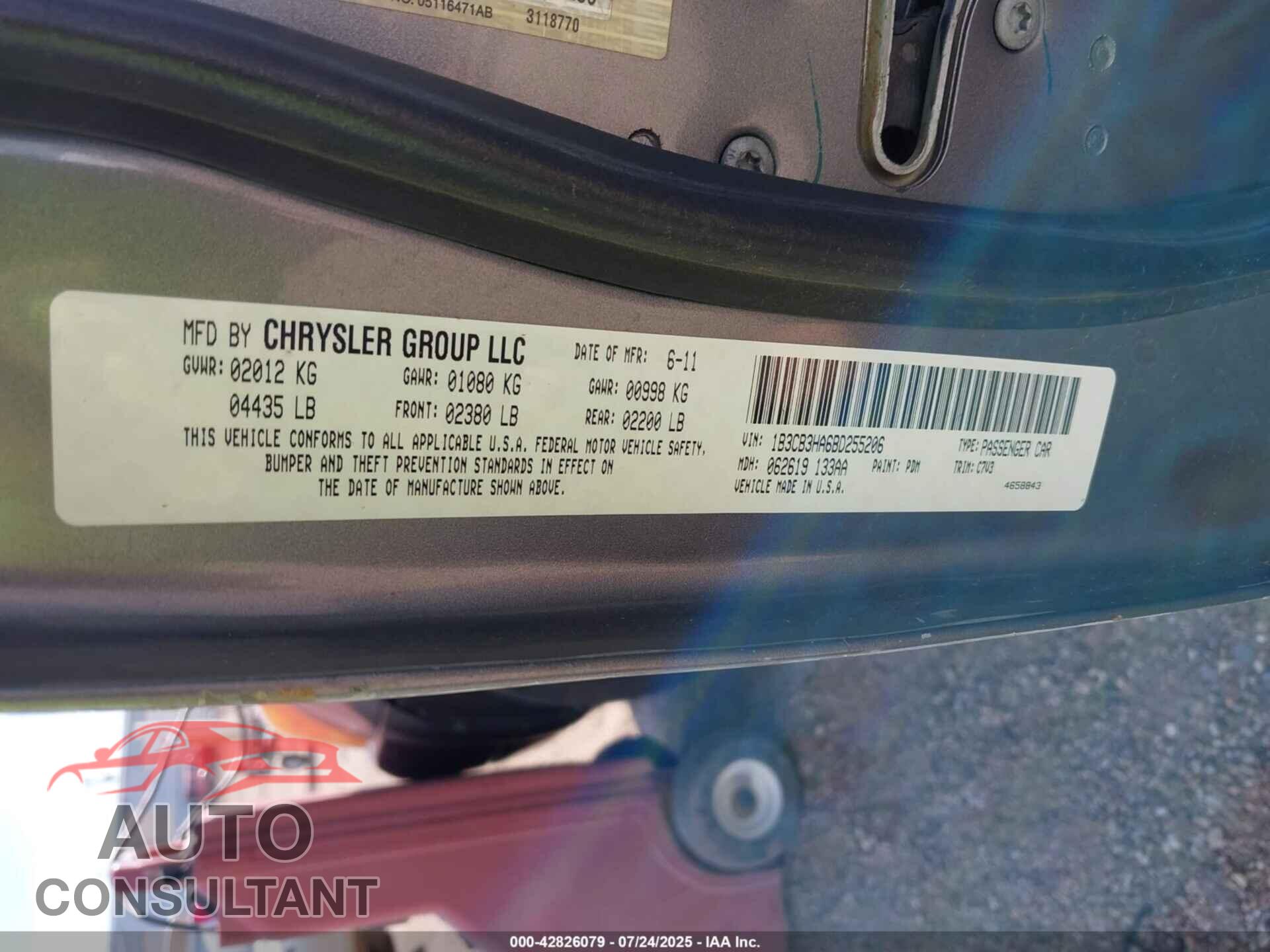 DODGE CALIBER 2011 - 1B3CB3HA6BD255206
