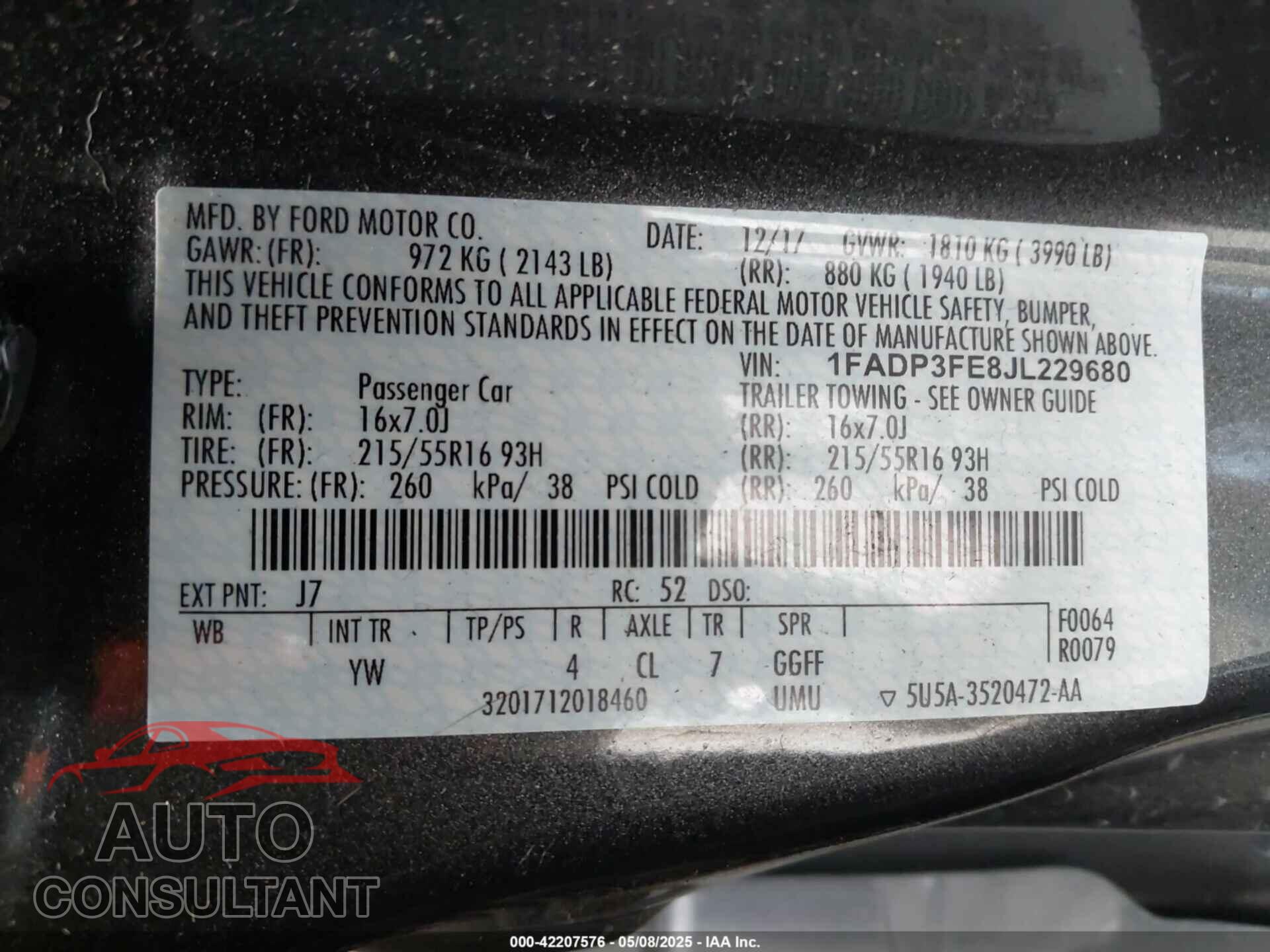 FORD FOCUS 2018 - 1FADP3FE8JL229680