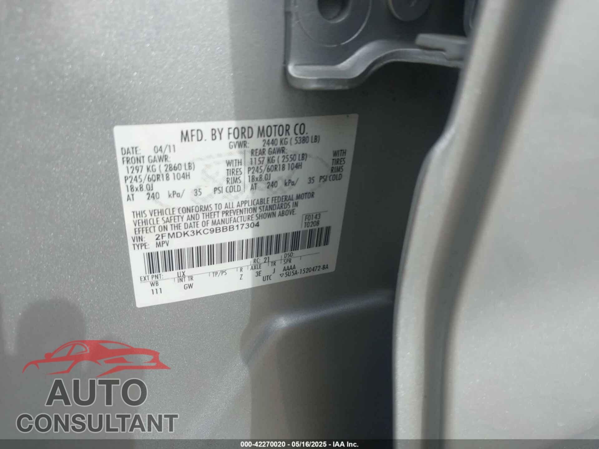 FORD EDGE 2011 - 2FMDK3KC9BBB17304