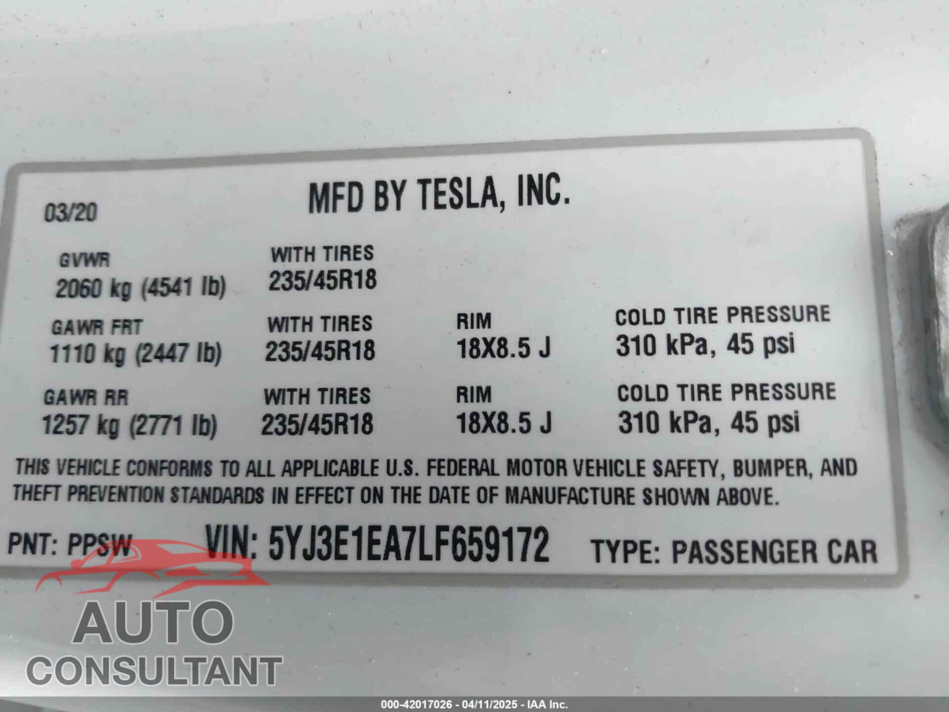 TESLA MODEL 3 2020 - 5YJ3E1EA7LF659172