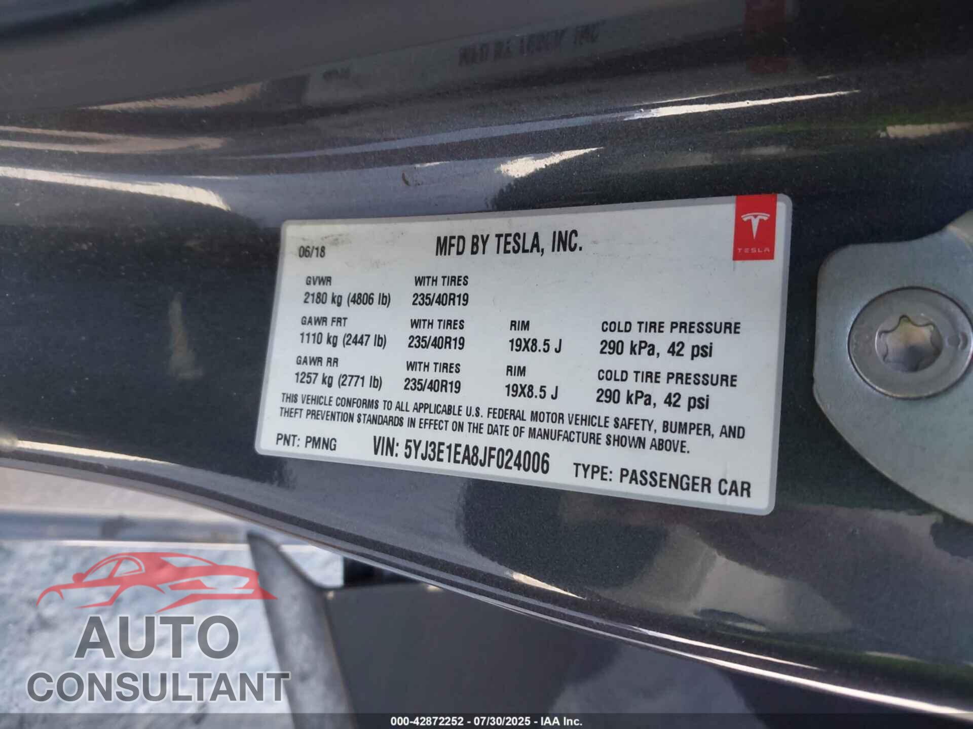 TESLA MODEL 3 2018 - 5YJ3E1EA8JF024006