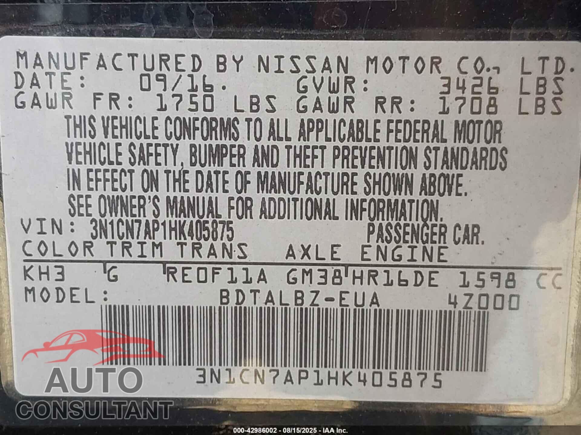NISSAN VERSA 2017 - 3N1CN7AP1HK405875