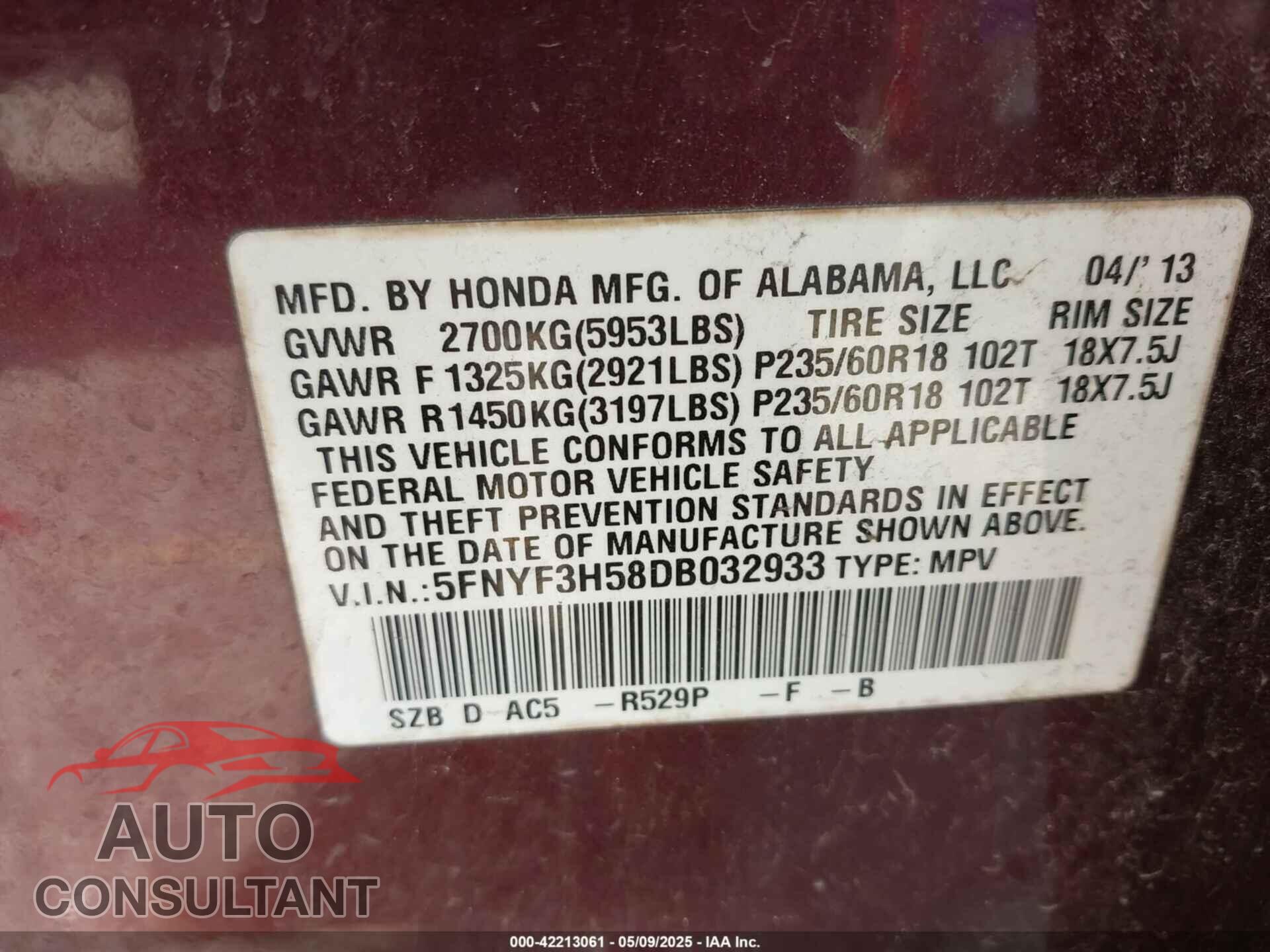 HONDA PILOT 2013 - 5FNYF3H58DB032933