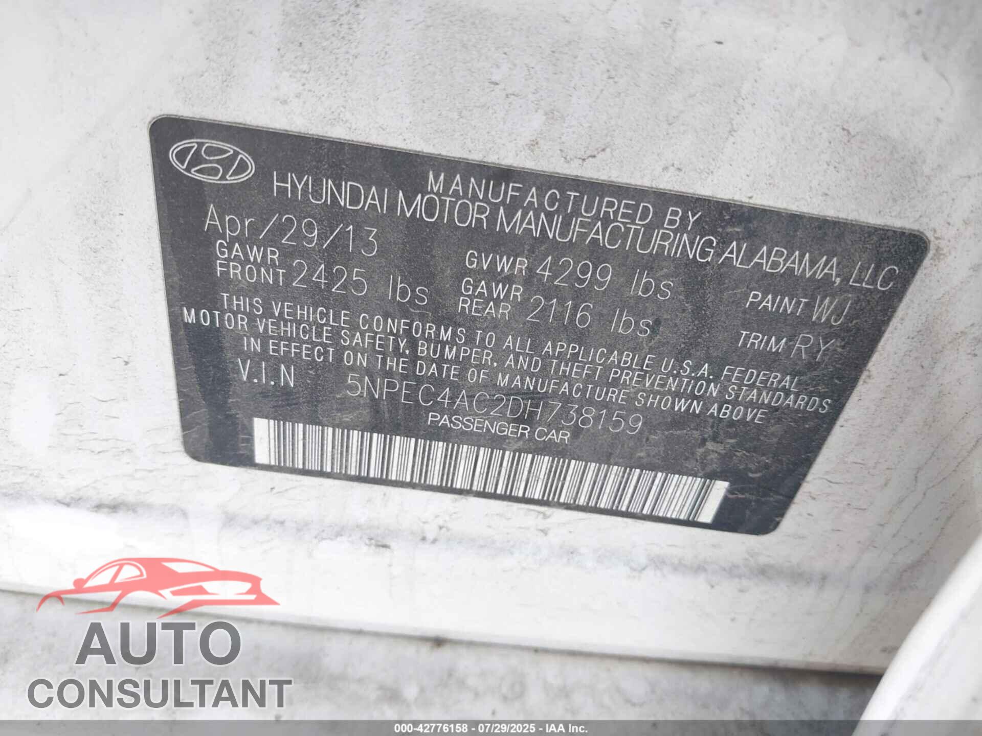 HYUNDAI SONATA 2013 - 5NPEC4AC2DH738159
