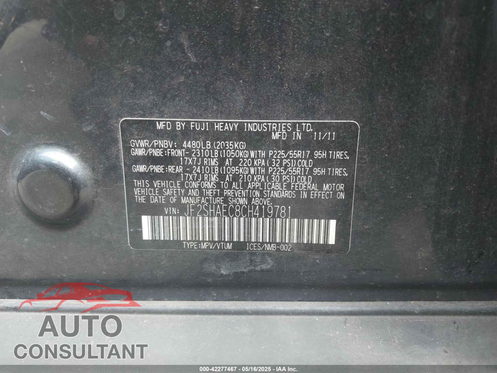 SUBARU FORESTER 2012 - JF2SHAEC8CH419781