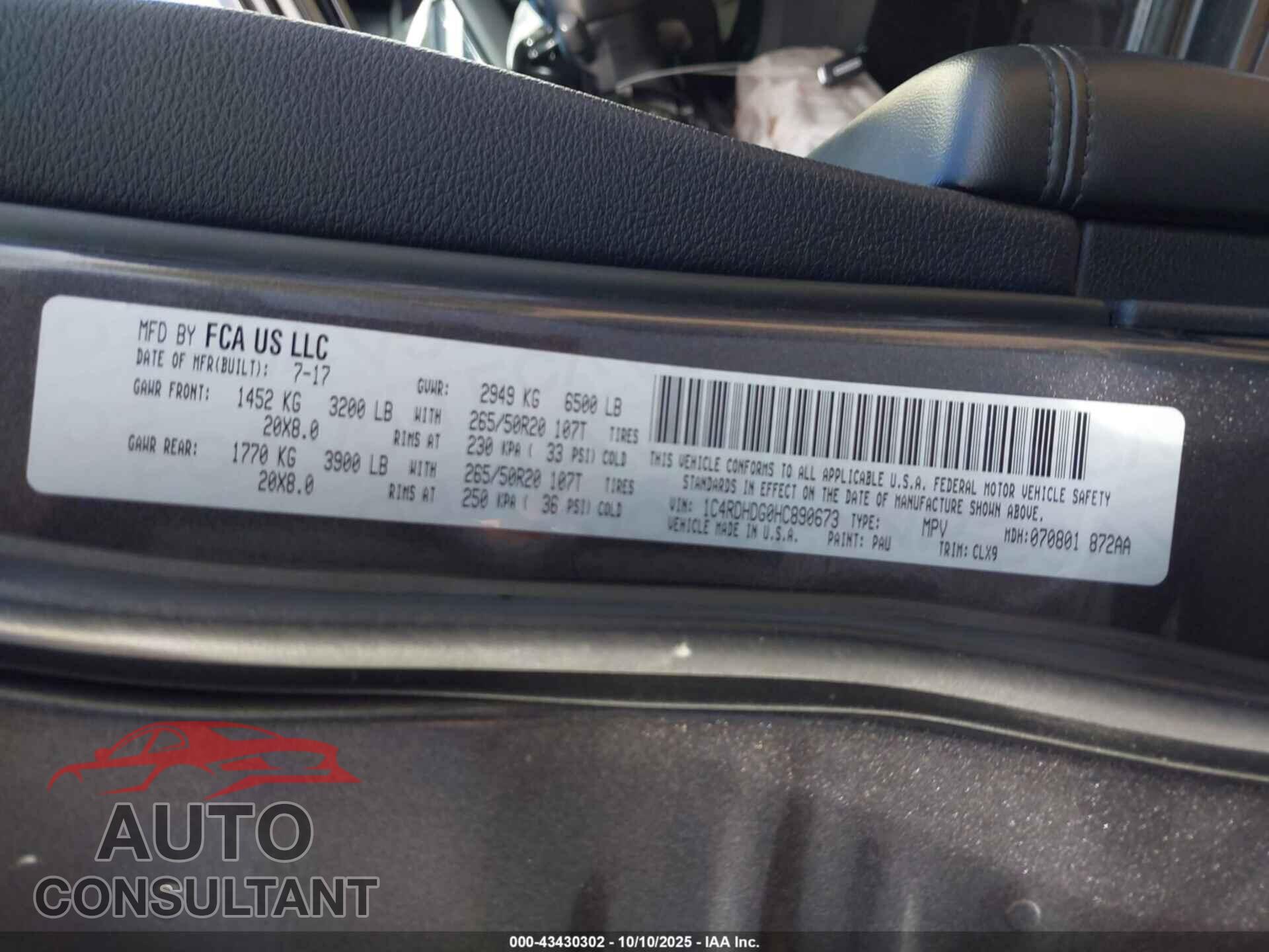DODGE DURANGO 2017 - 1C4RDHDG0HC890673