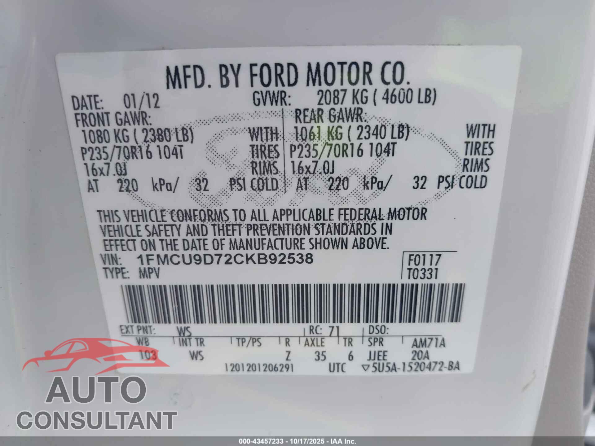 FORD ESCAPE 2012 - 1FMCU9D72CKB92538
