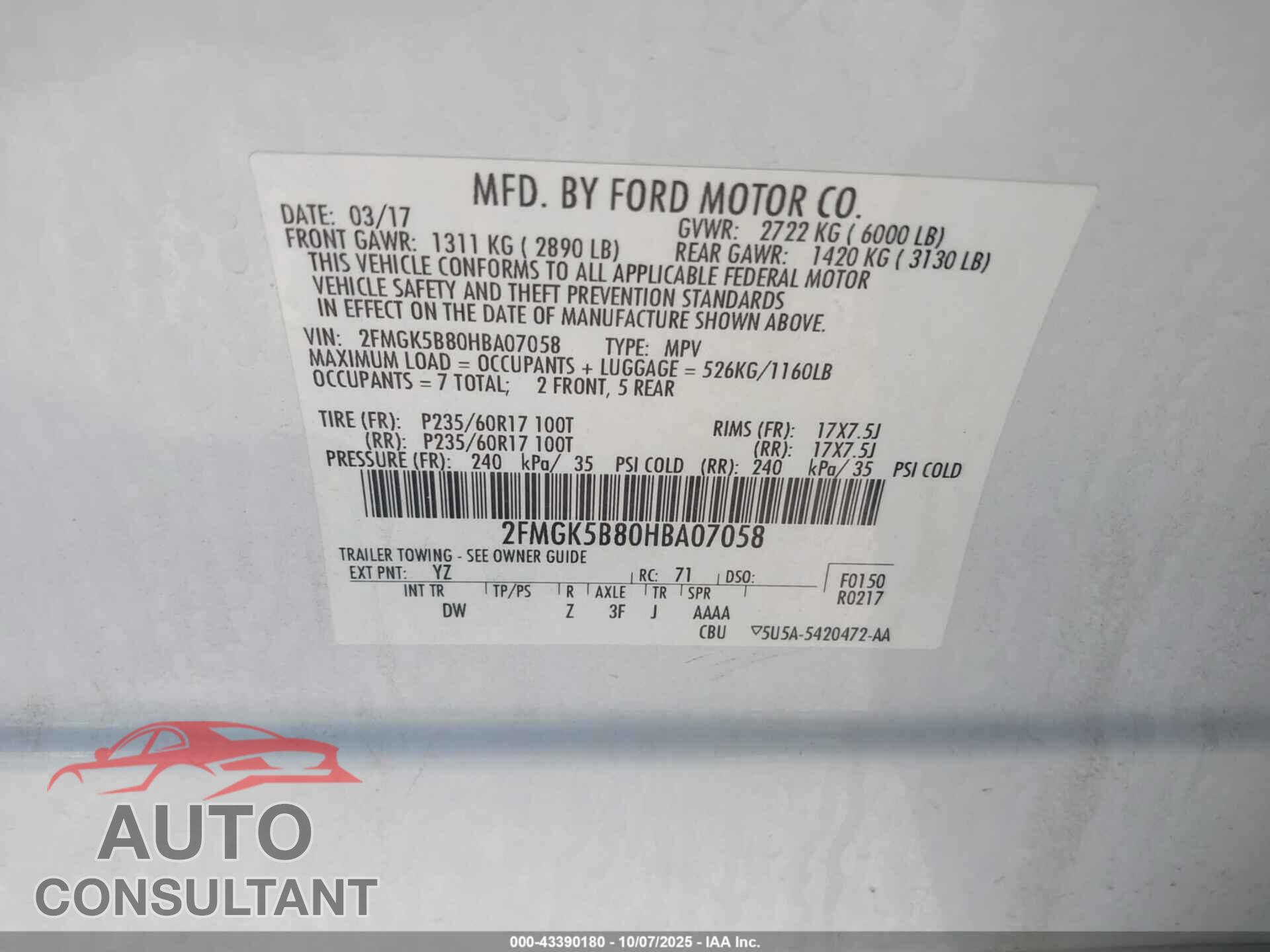 FORD FLEX 2017 - 2FMGK5B80HBA07058