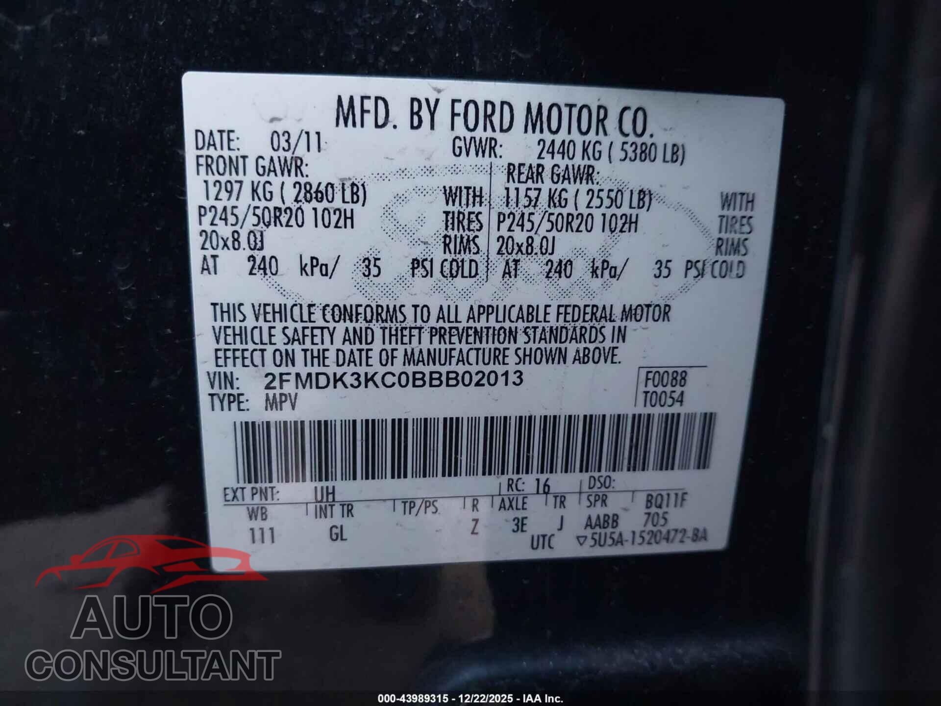 FORD EDGE 2011 - 2FMDK3KC0BBB02013