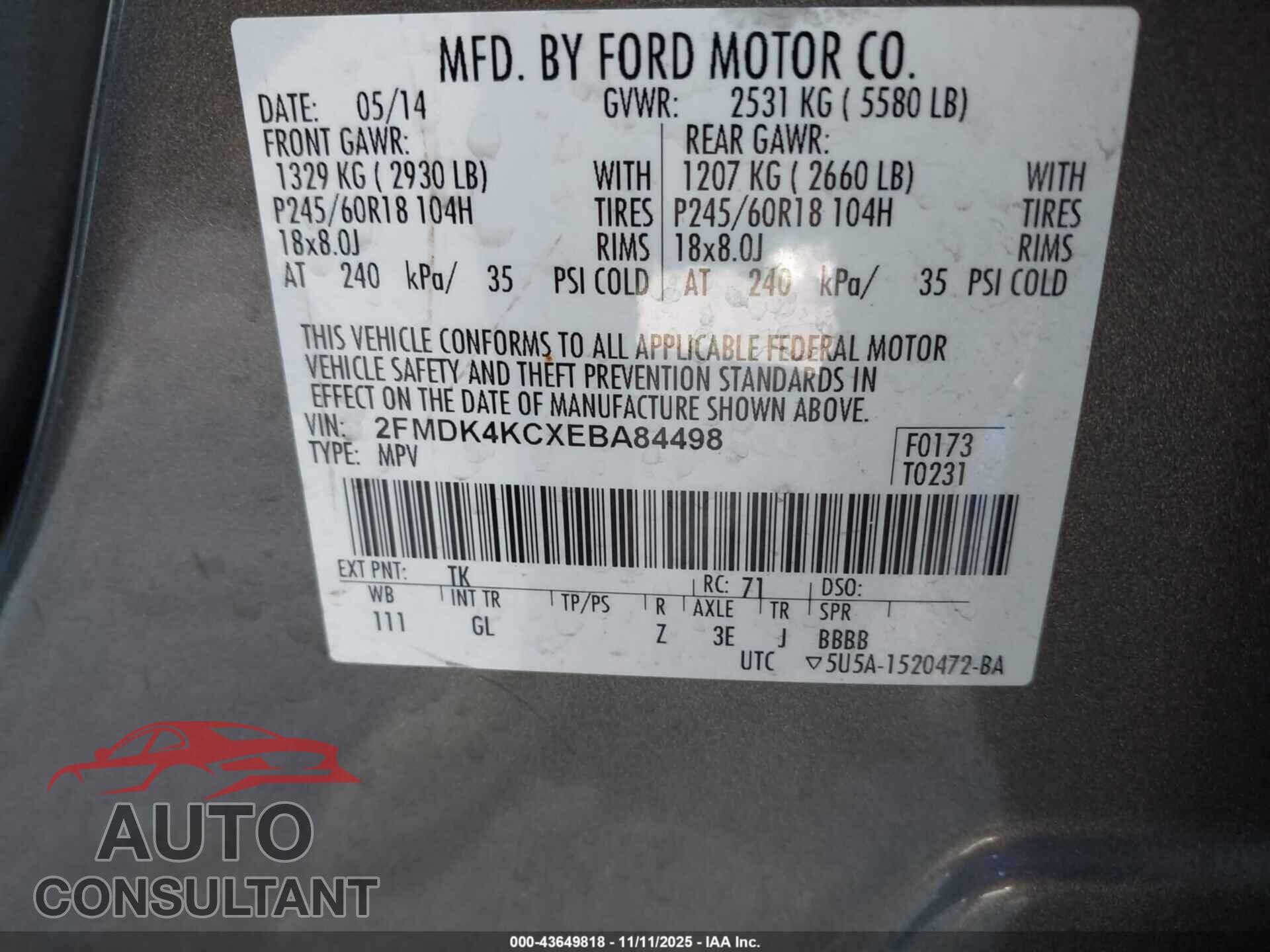 FORD EDGE 2014 - 2FMDK4KCXEBA84498