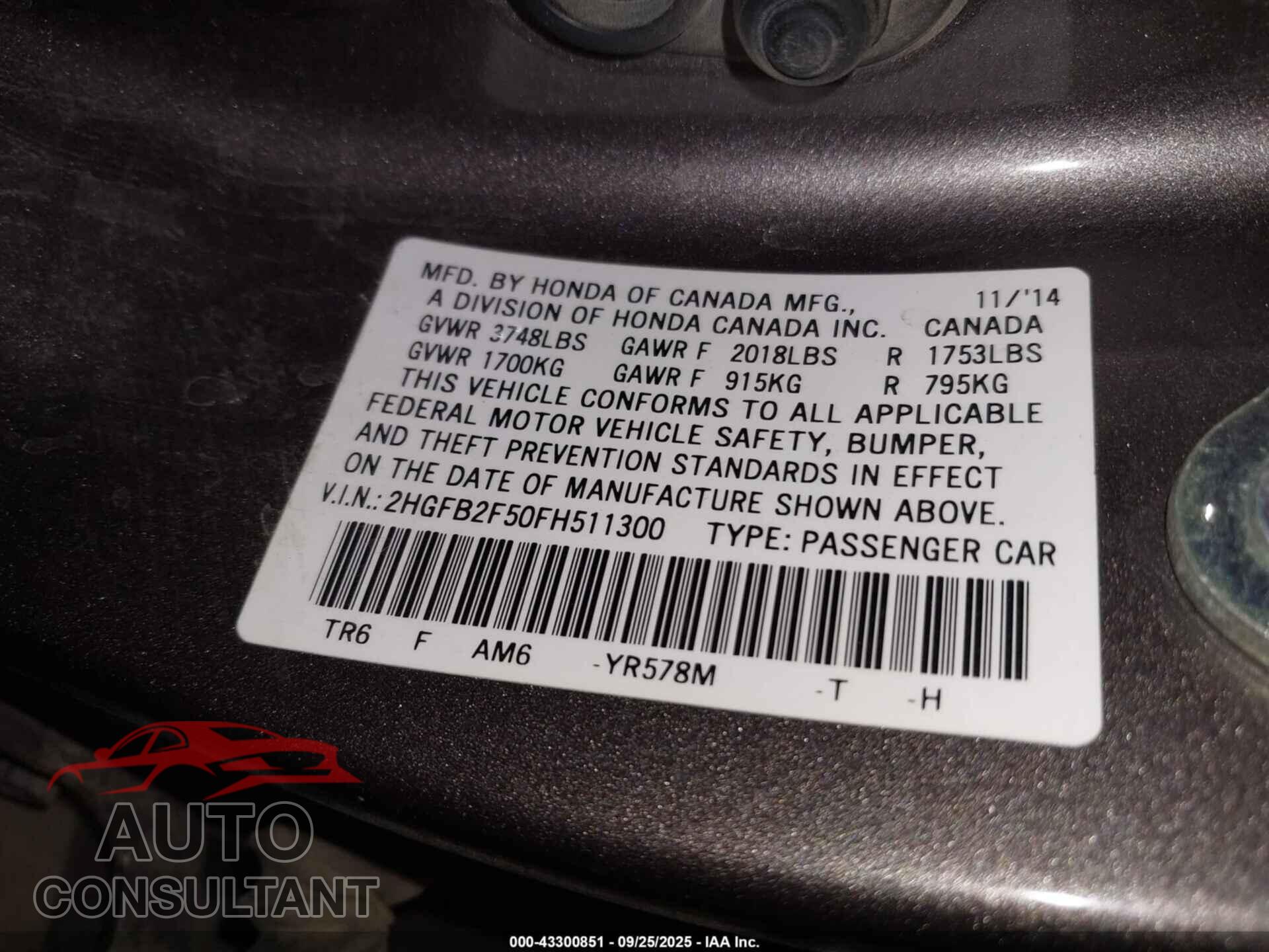HONDA CIVIC 2015 - 2HGFB2F50FH511300
