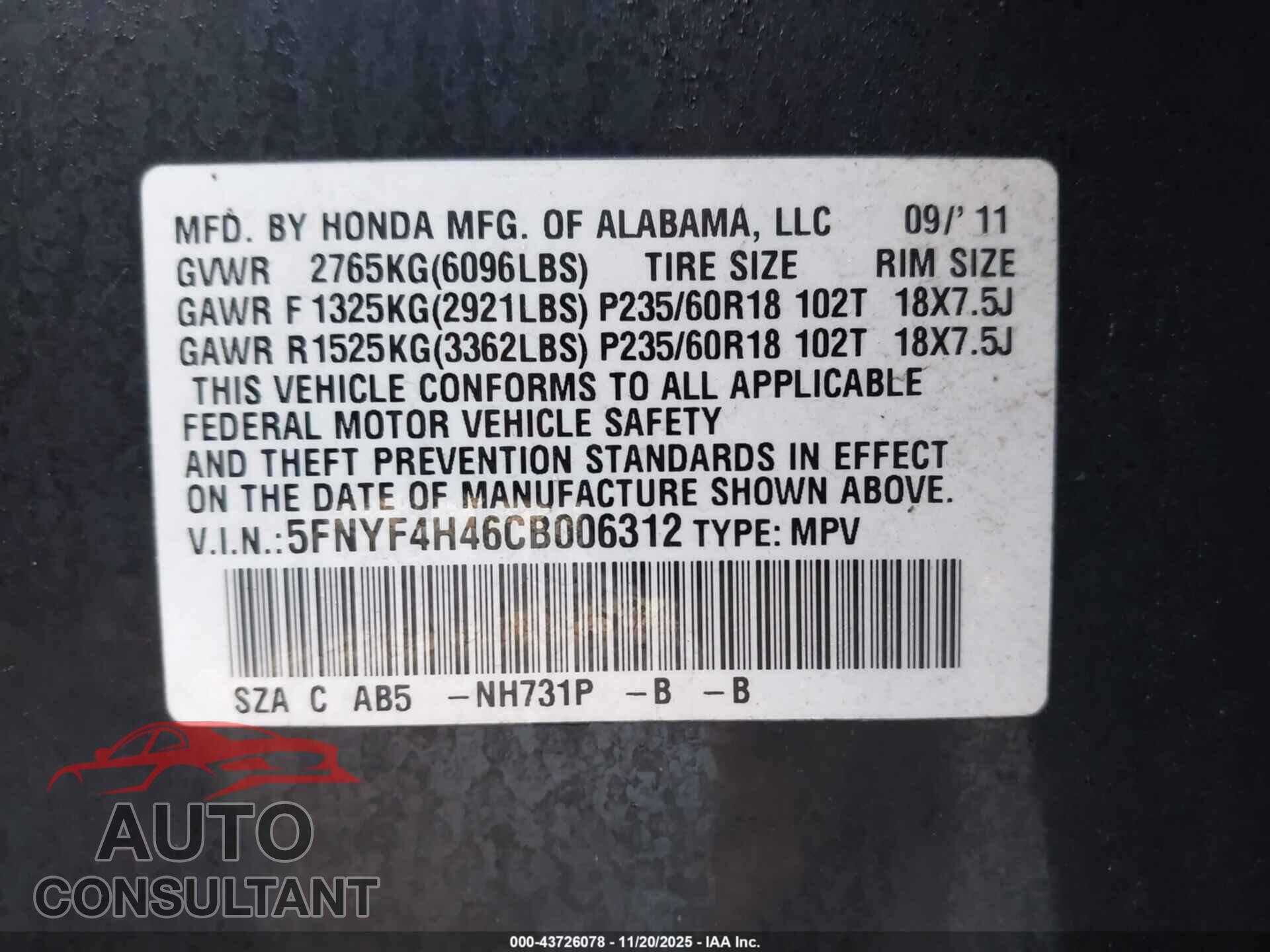 HONDA PILOT 2012 - 5FNYF4H46CB006312