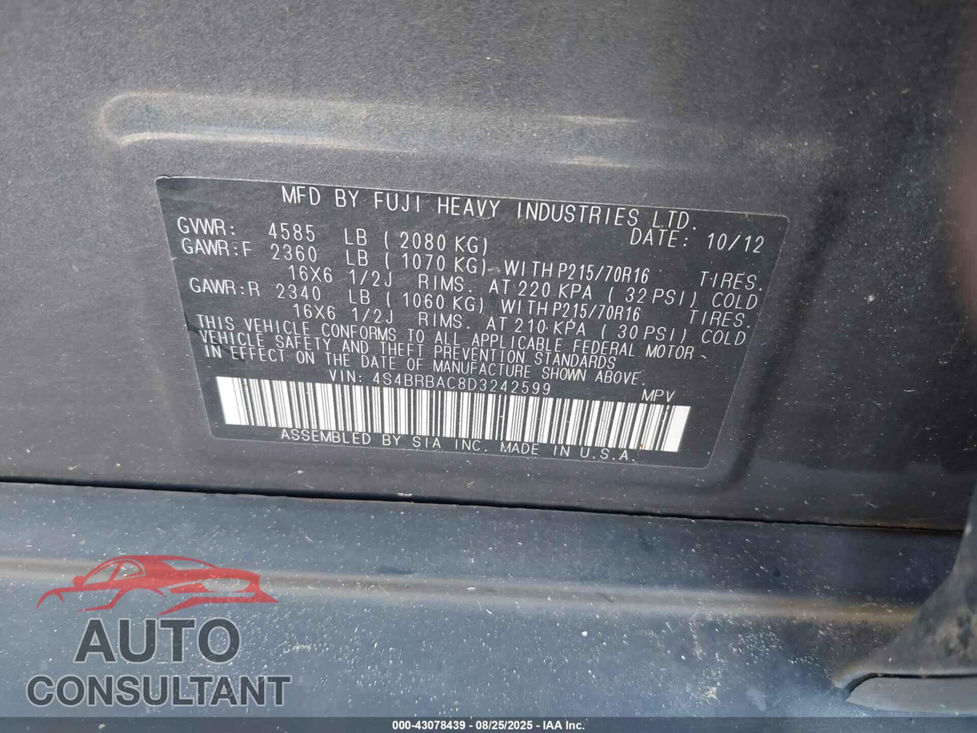 SUBARU OUTBACK 2013 - 4S4BRBAC8D3242599
