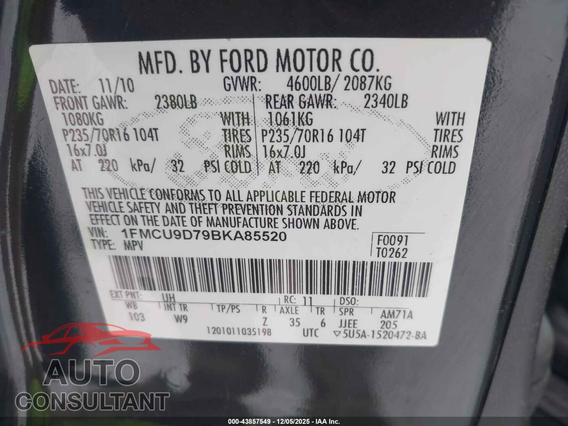 FORD ESCAPE 2011 - 1FMCU9D79BKA85520