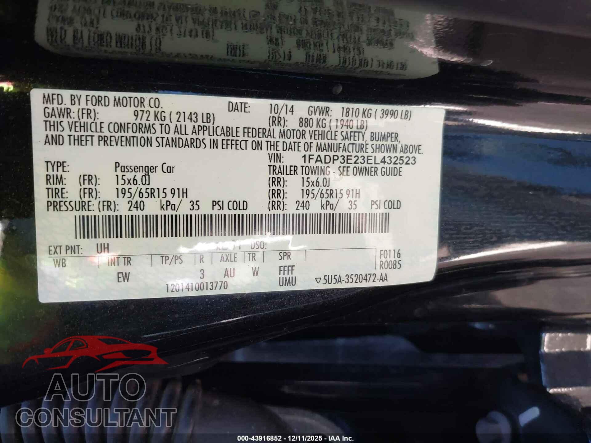 FORD FOCUS 2014 - 1FADP3E23EL432523