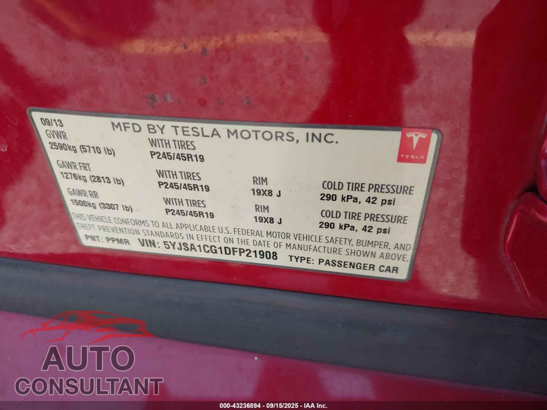TESLA MODEL S 2013 - 5YJSA1DG3DFP21908