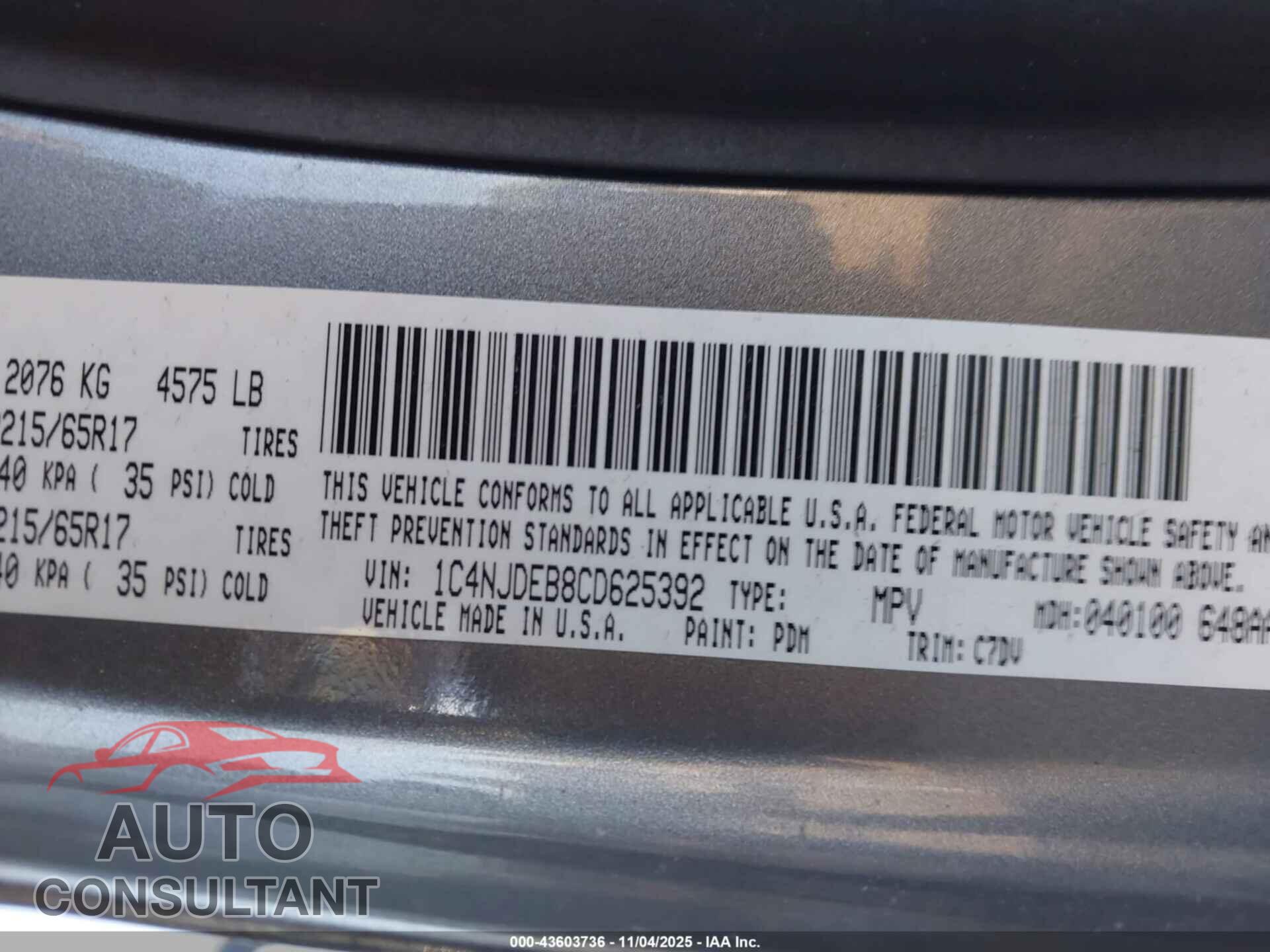 JEEP COMPASS 2012 - 1C4NJDEB8CD625392