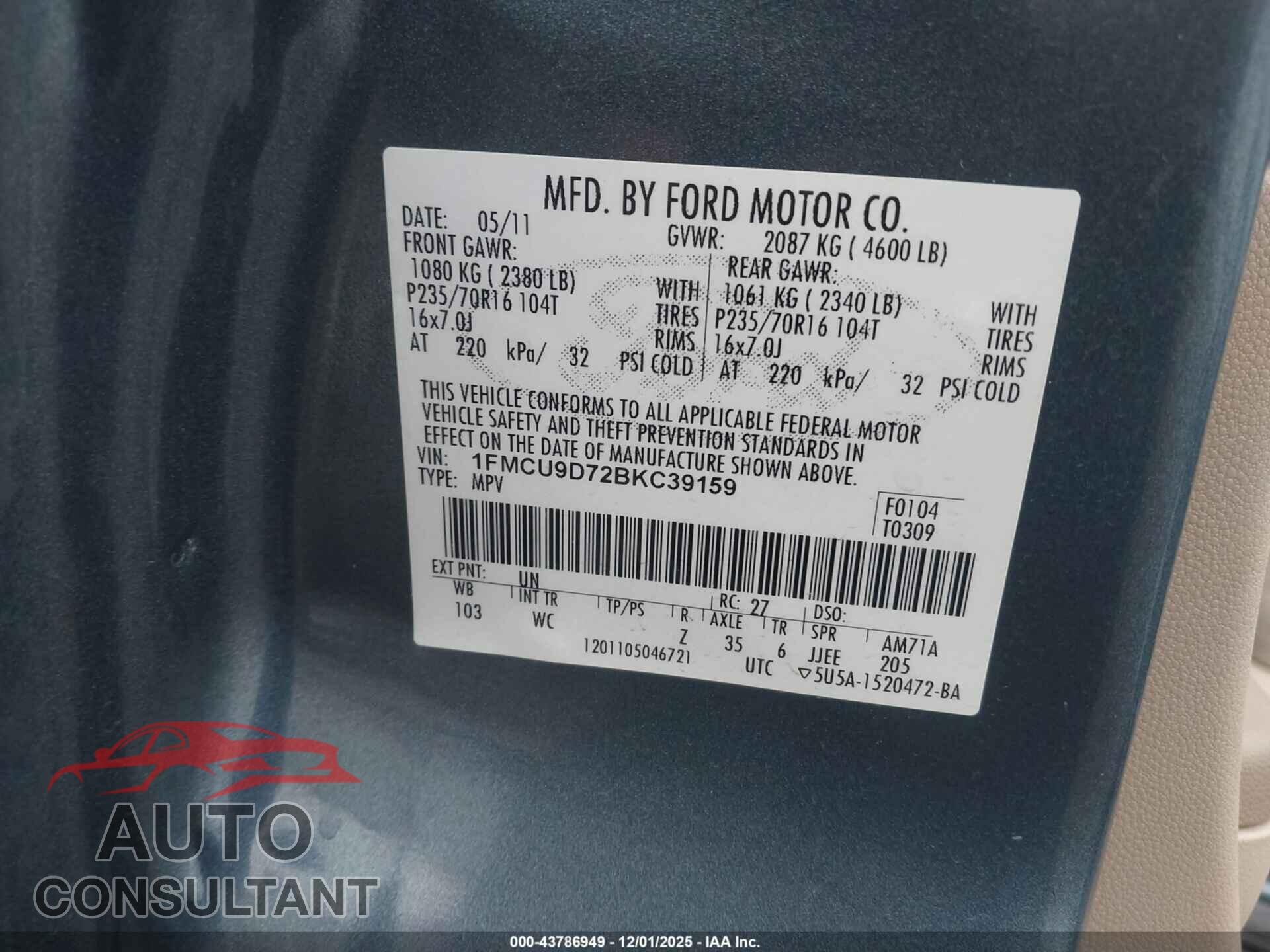 FORD ESCAPE 2011 - 1FMCU9D72BKC39159