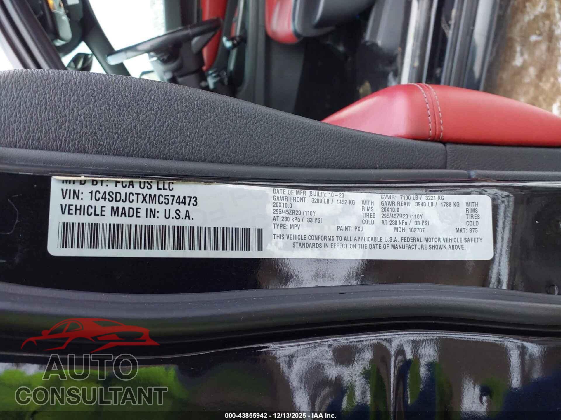 DODGE DURANGO 2021 - 1C4SDJCTXMC574473