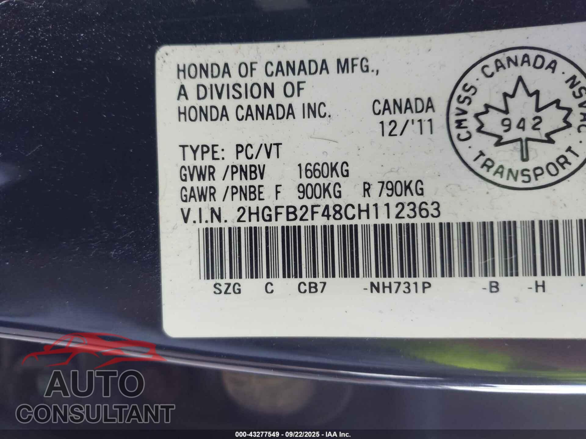 HONDA CIVIC 2012 - 2HGFB2F48CH112363