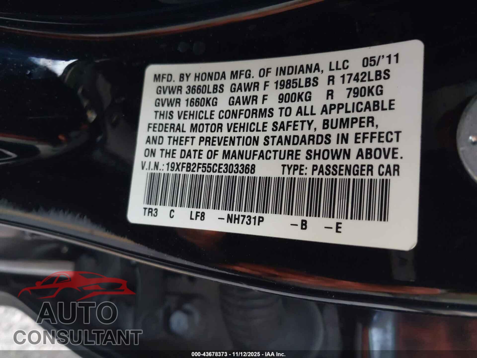 HONDA CIVIC 2012 - 19XFB2F55CE303368