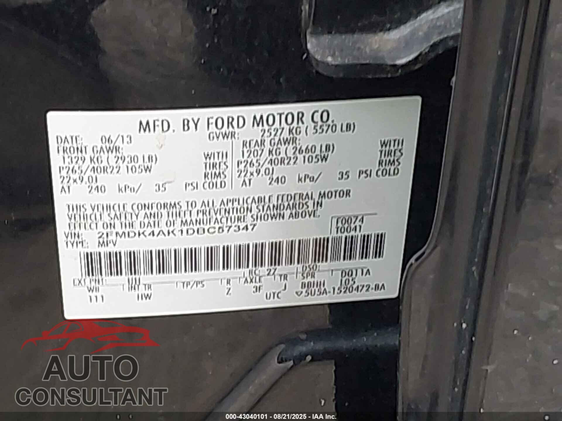 FORD EDGE 2013 - 2FMDK4AK1DBC57347