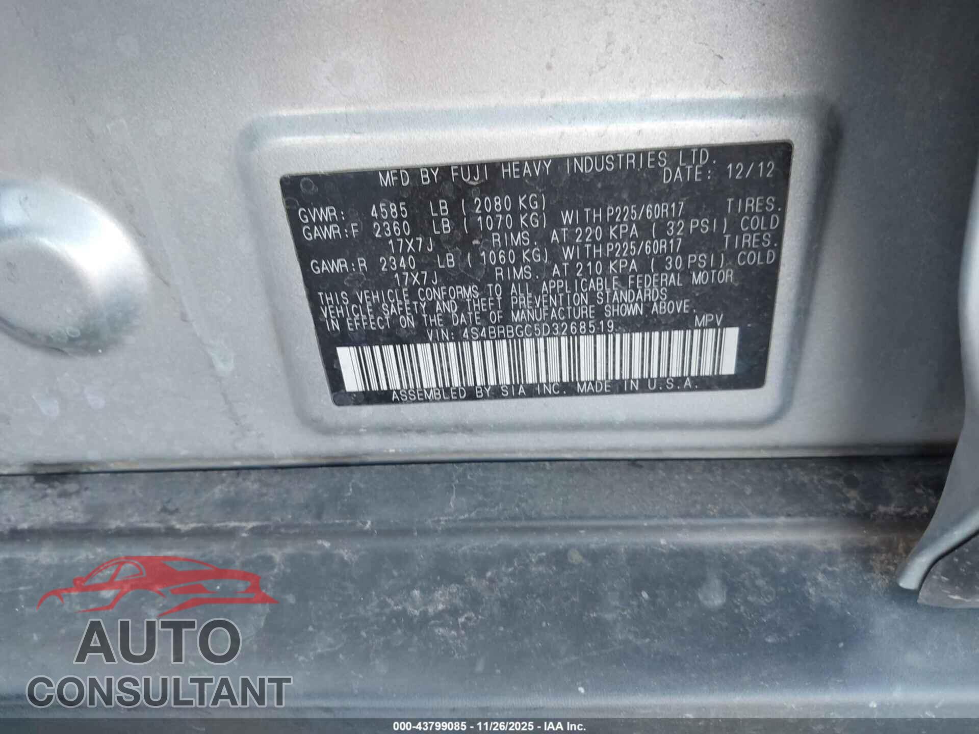 SUBARU OUTBACK 2013 - 4S4BRBGC5D3268519