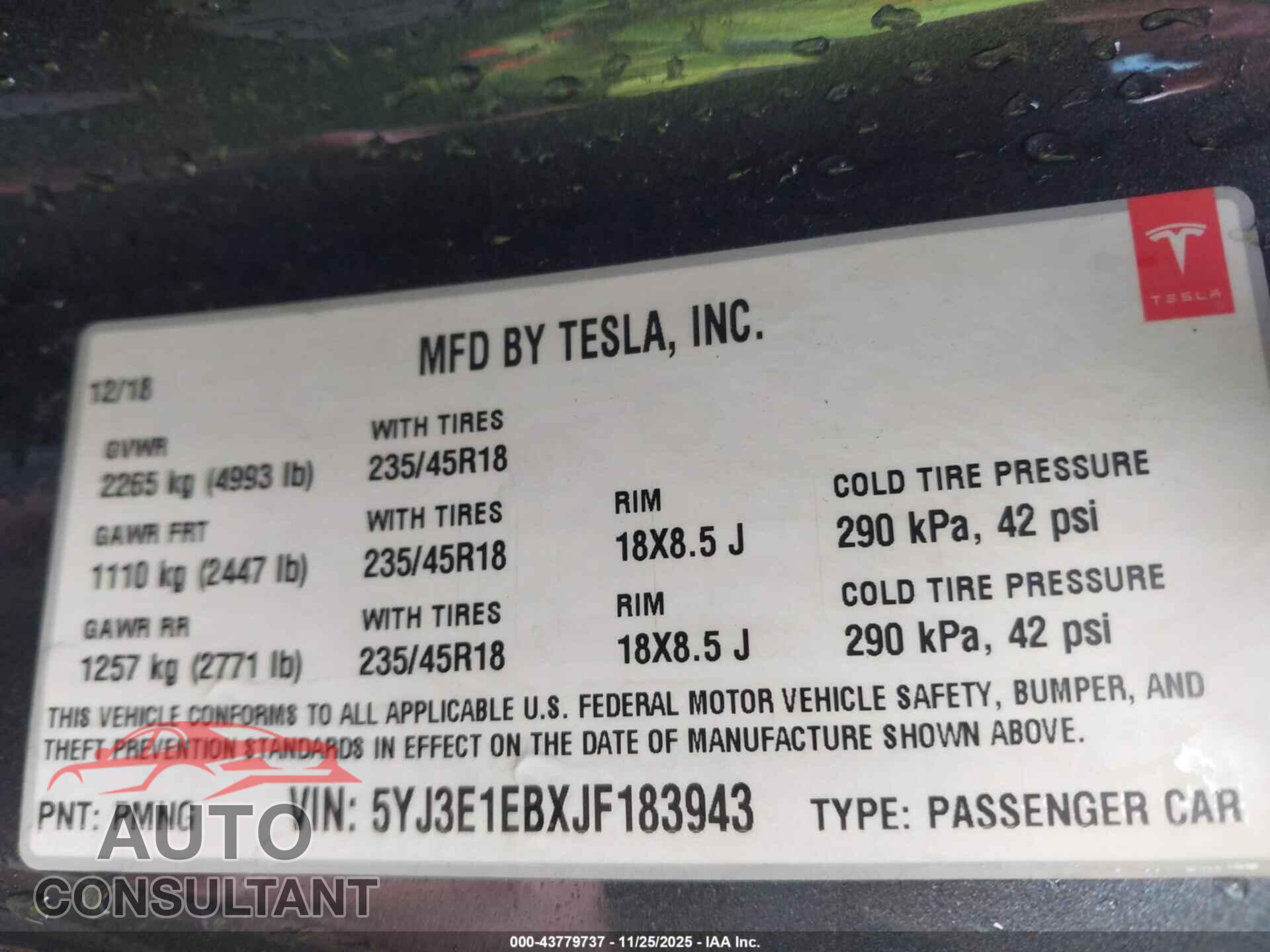 TESLA MODEL 3 2018 - 5YJ3E1EBXJF183943