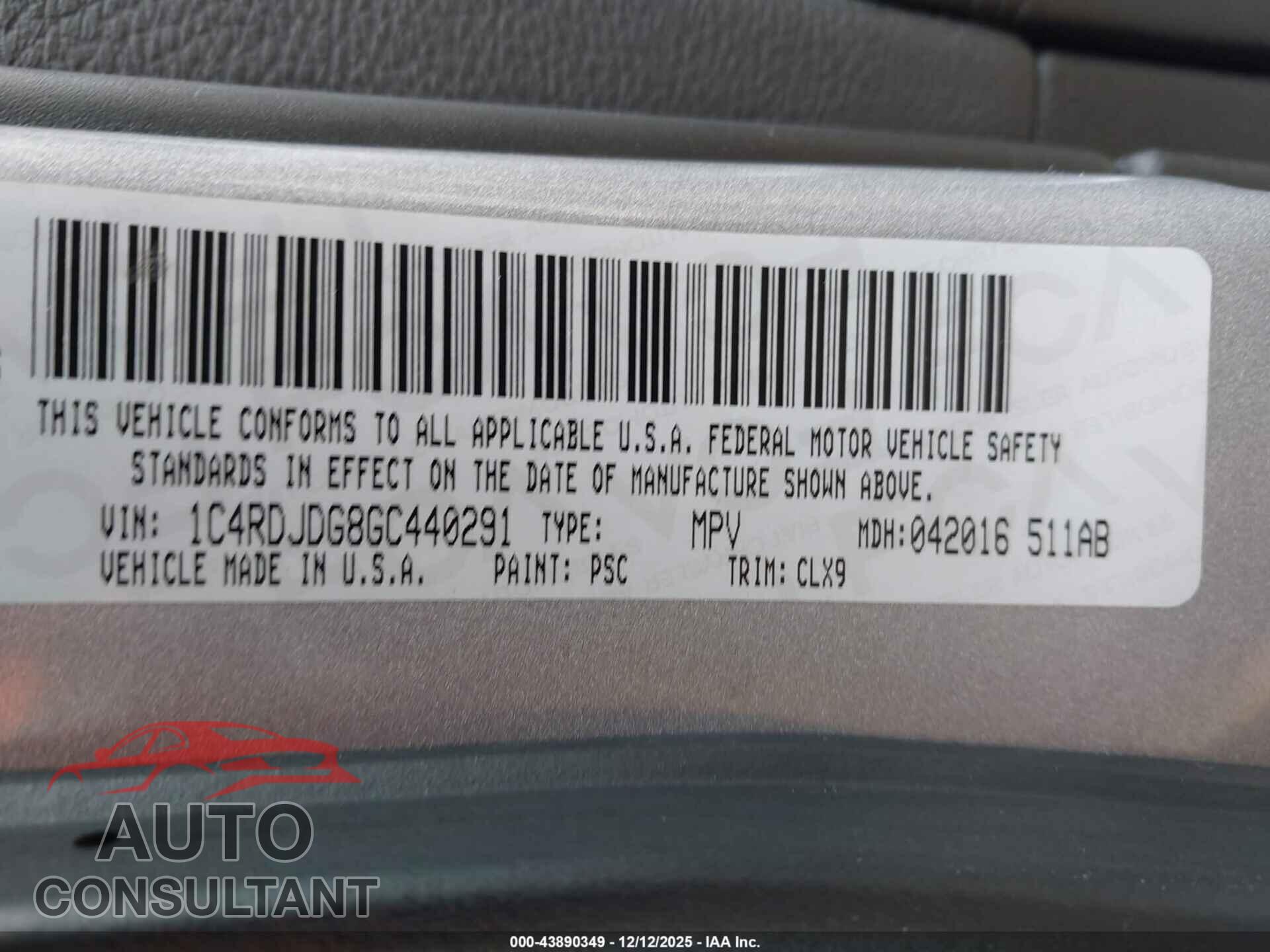 DODGE DURANGO 2016 - 1C4RDJDG8GC440291