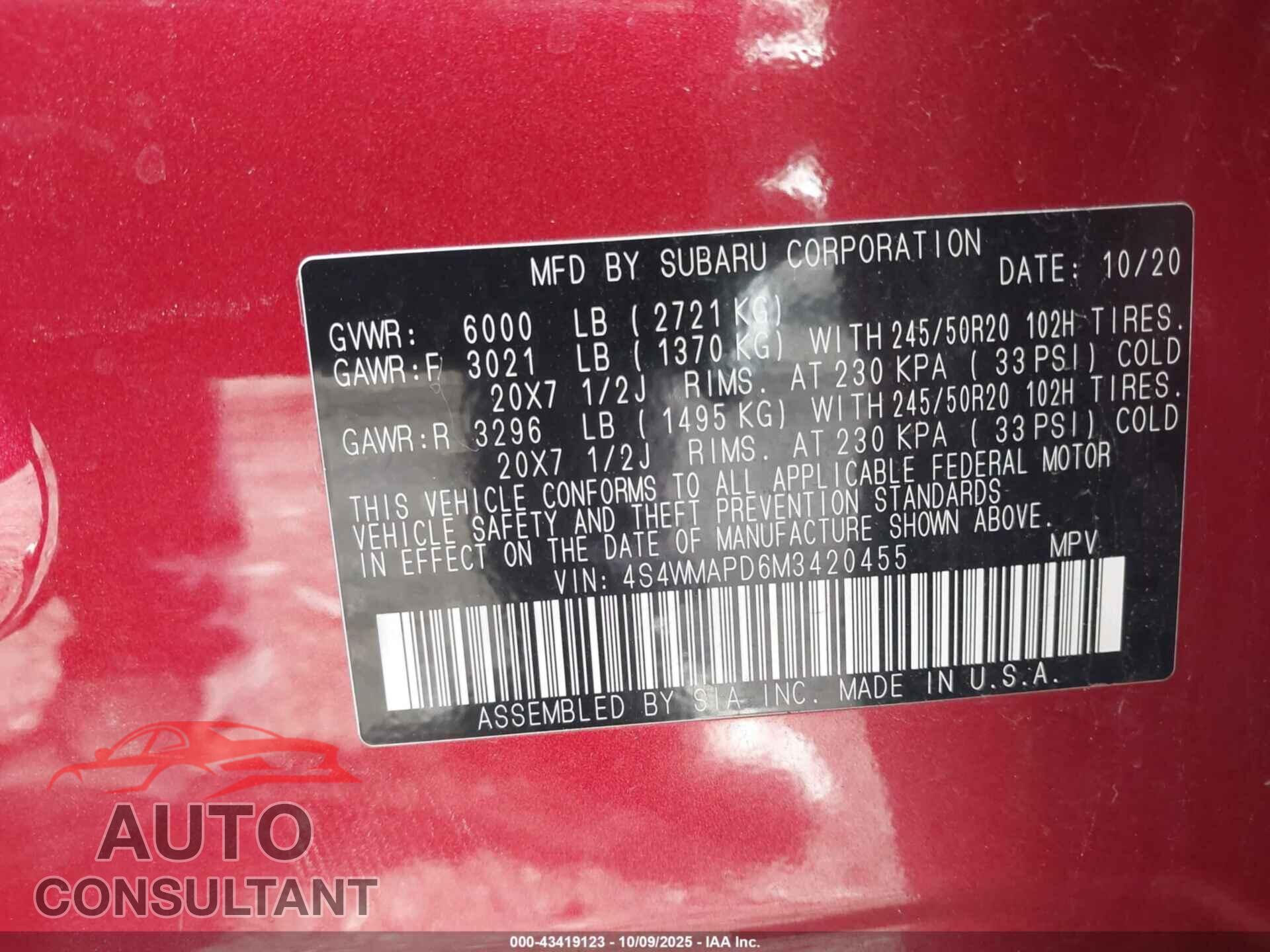 SUBARU ASCENT 2021 - 4S4WMAPD6M3420455
