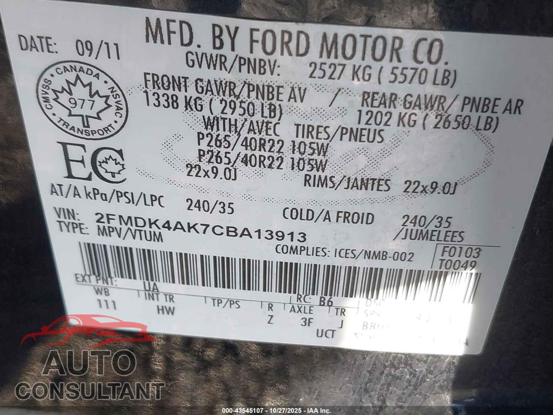 FORD EDGE 2012 - 2FMDK4AK7CBA13913